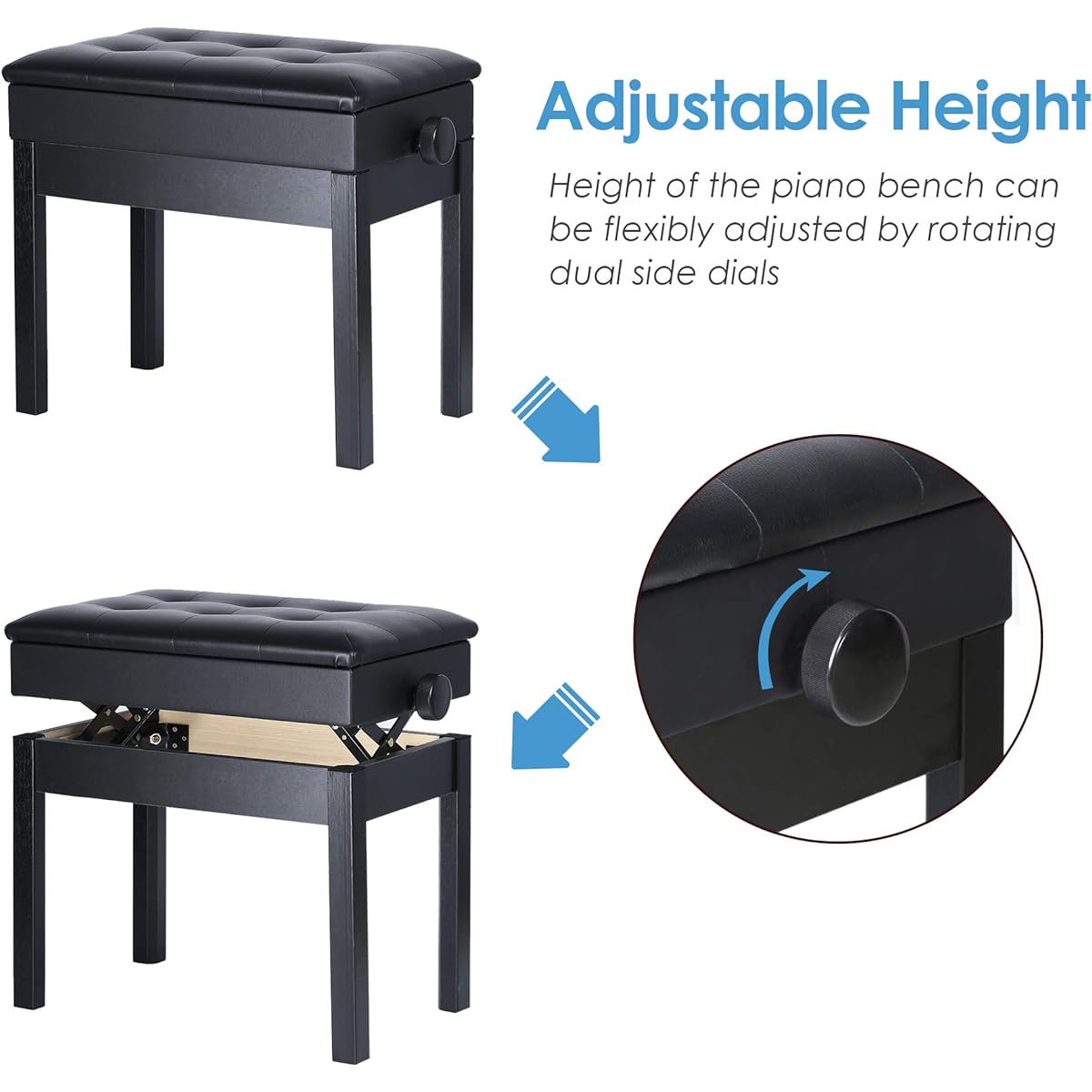 Mu PU Leather Adjustable Piano Bench with Waterproof Cushion Inner Solid Flip Top Extra Music Storage for Single Person (Black)
