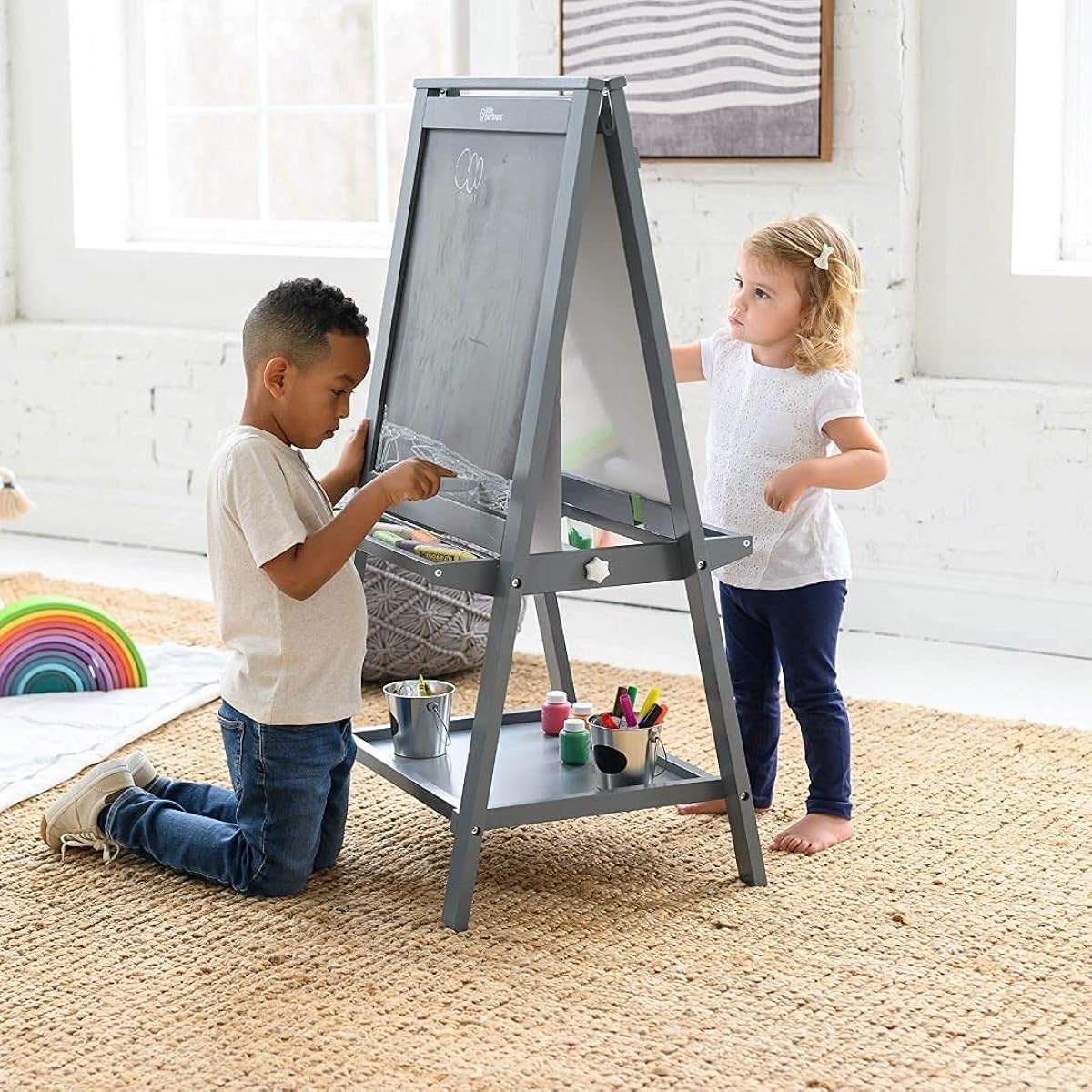 Little Partners Artist EZ Easel | Double-Sided A-Frame Paint Easel Chalkboard Whiteboard – Includes Paper Roll and Eraser – Art Station & Teaching Tool (Earl Grey)