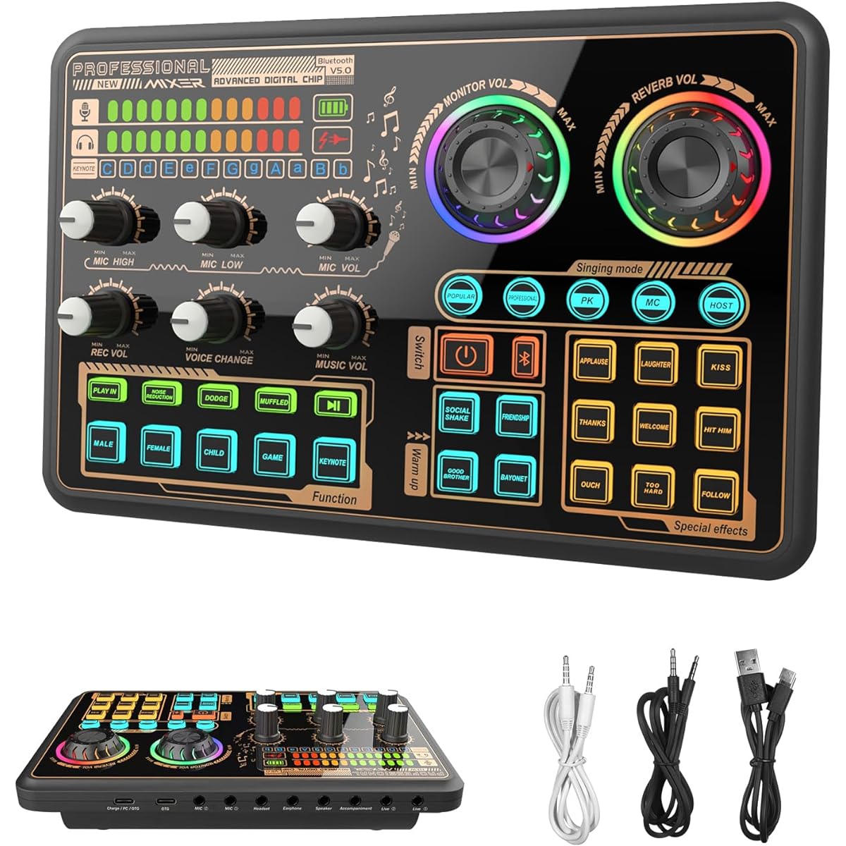 Hosabely Sound Mixer Board Sound Card Voice Changer for PS4/PC/Xbox/Switch/Phone/Pad Sound Effect Machine Mixer Board for Skype YouTuber Karaoke Game Recording Live Streaming with Breathing Light