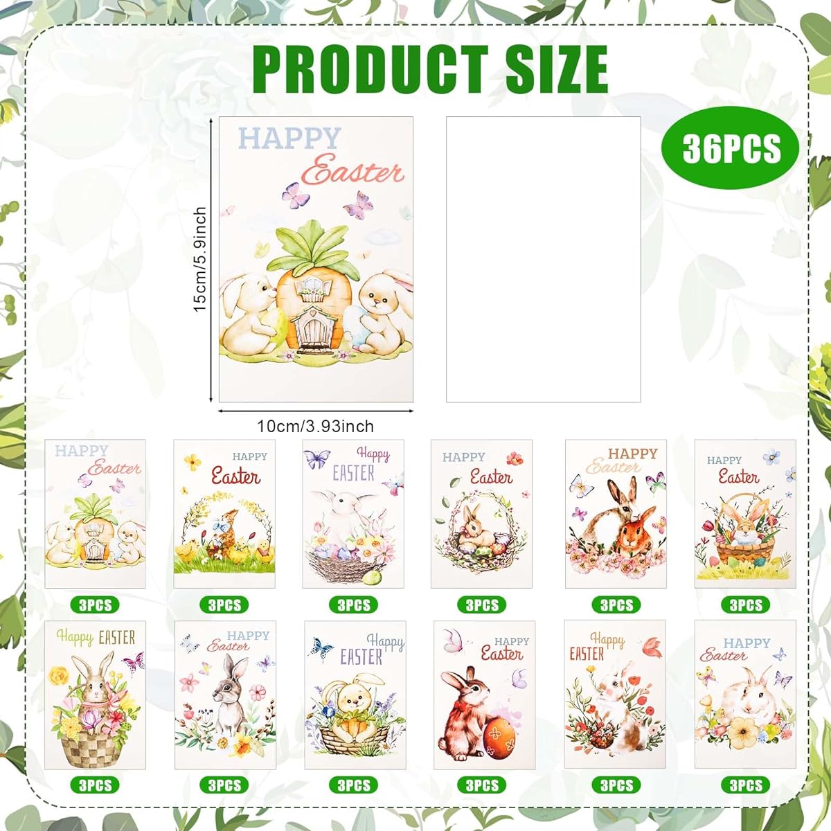 PEUTIER 36pcs Easter Greeting Cards 5.9x3.95 Inch 12 Styles Happy Easter Bunny Note Cards Colorful Egg Basket Decorative Cartoon Rabbit Cards Classroom Exchange Gifts Party Supplies