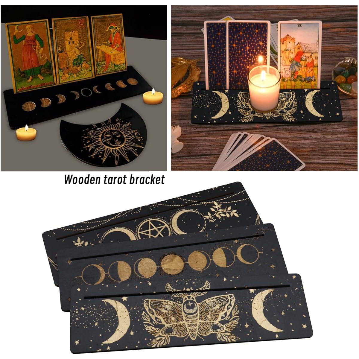 6pcs Wooden Tarot Card Holder Stand 25mm Rectangle & 12.5mm Moon Shaped Altar Card Display Stand Witch Divination Tool Tarot Decor Wiccan Supplies
