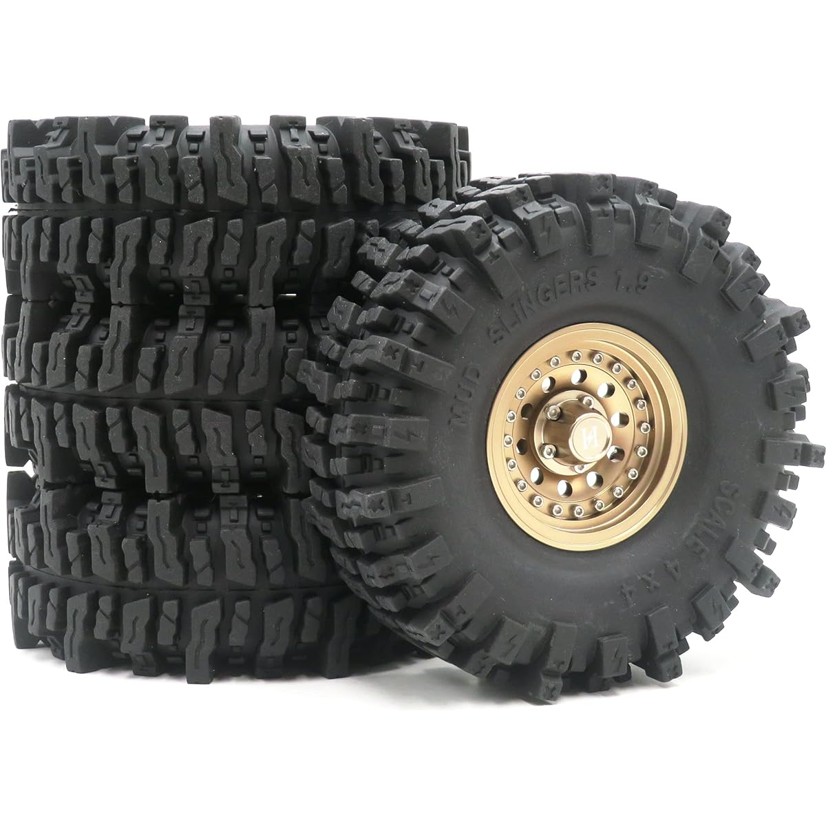 4pcs RC 1.9 Mud Slinger Tire Super Grip Tire Height 120mm / 4.72'' & Aluminum 1.9 Heavy Duty Beadlock Wheel Rim Champagne Gold Color