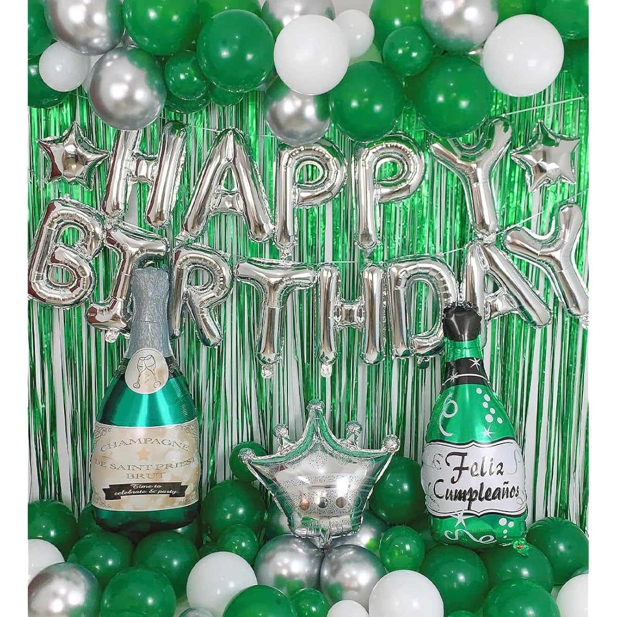 Green Birthday Party Decorations Silver Happy Birthday Banner, White, Green, Silver Balloons, Emerald Green Champagne Balloons, Fringe Curtains for Men Women Girls Boys Party Decoration Supplies