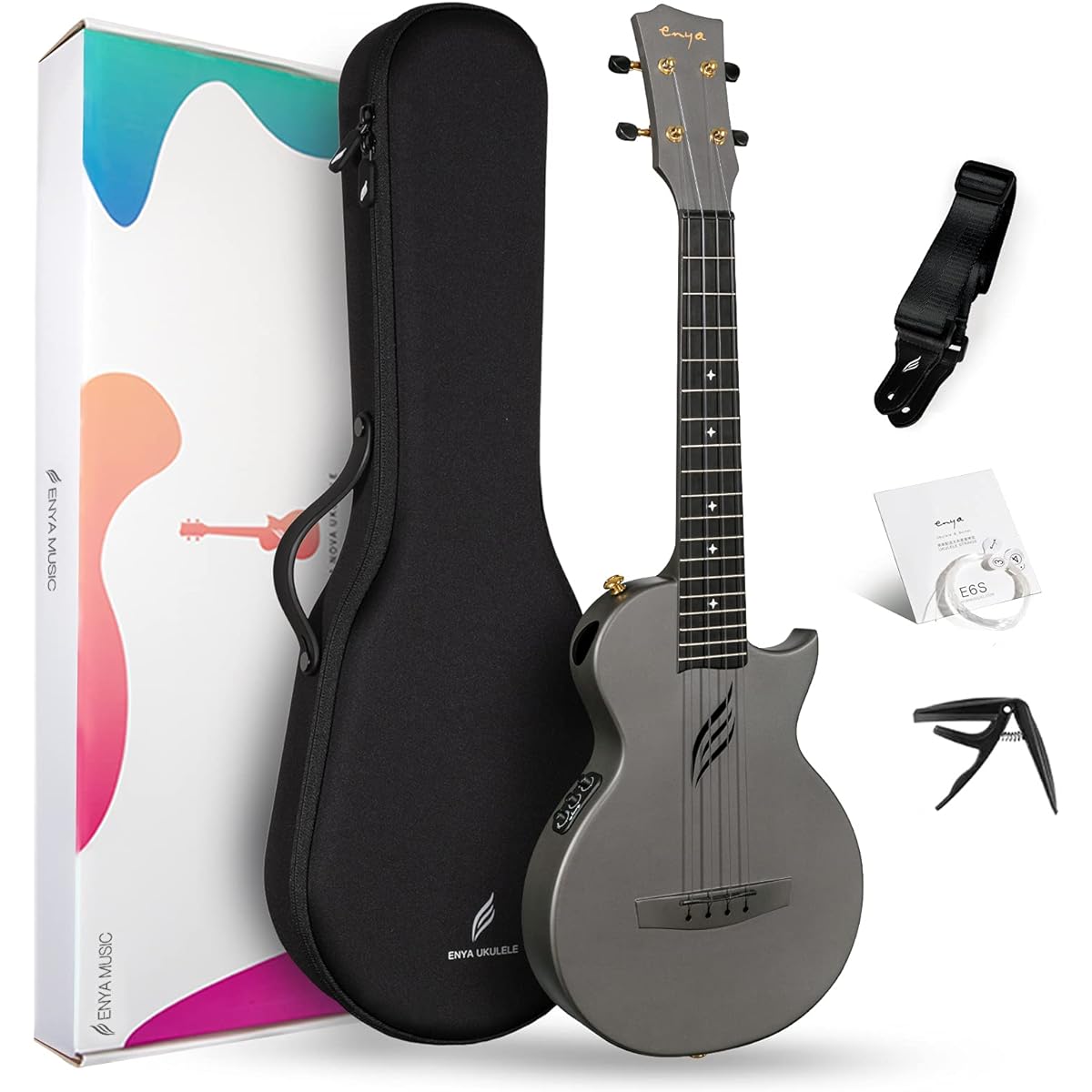 Enya Nova U Pro EQ Ukulele tenor size carbon molded electric ukulele kit with AcousticPlus pickup, accessories: ukulele case, strap, capo, fluorocarbon replacement strings (Black)