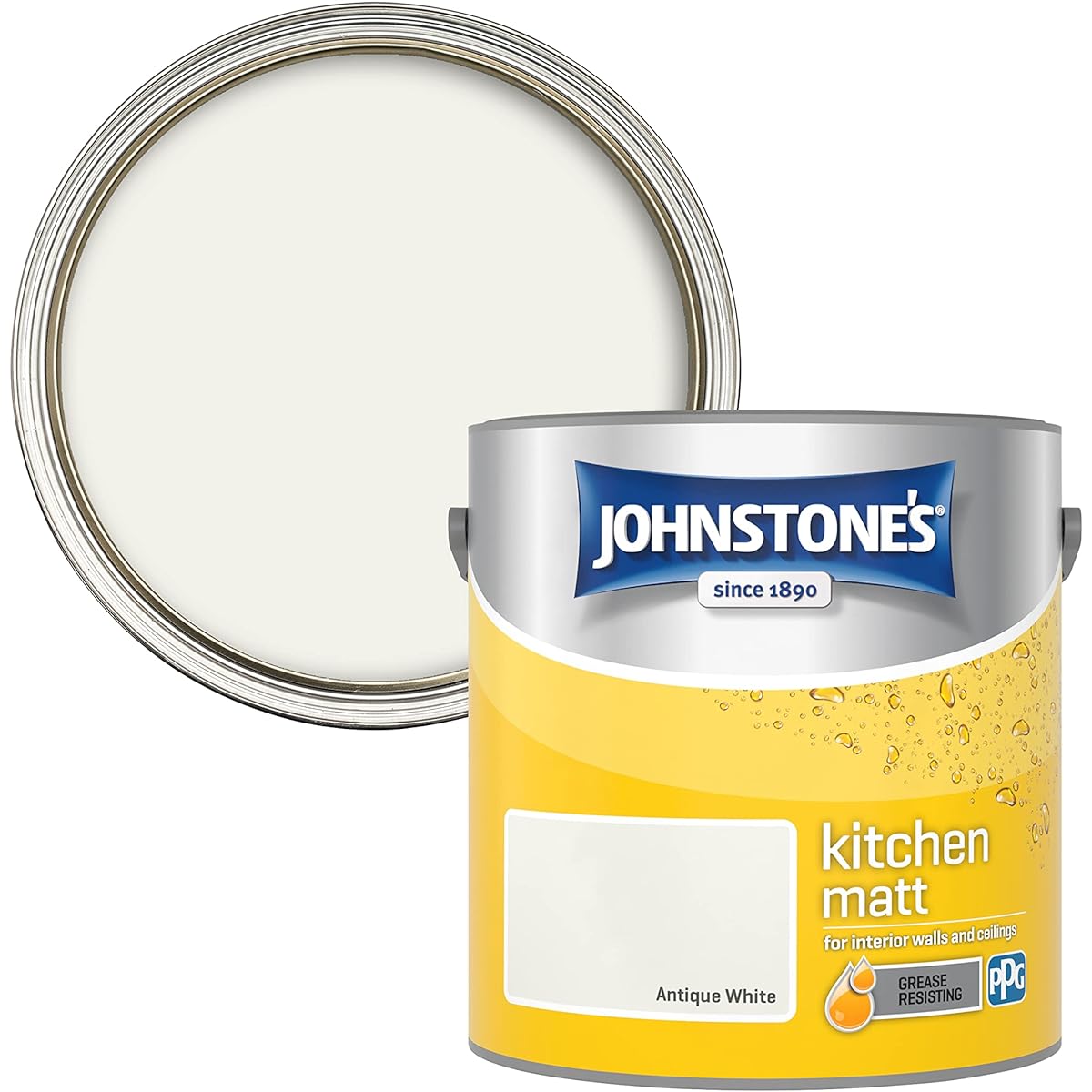 Johnstone's - Kitchen Paint - Antique White - Matt Finish - Grease & Stain Resistant - Suitable for Kitchen Walls & Ceilings - Highly Durable - Low Odour - 12m2 Coverage per Litre - 2.5L