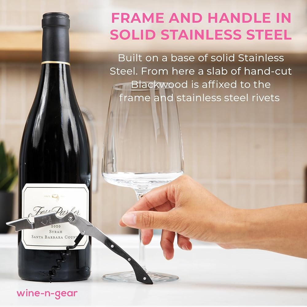 Coutale Sommelier Pocket Prestige Waiters Corkscrew - Black Wood - French Patented Spring Loaded Double Lever Wine Bottle Opener for Bartenders and Gifts - Sharp Micro Serrated Knife