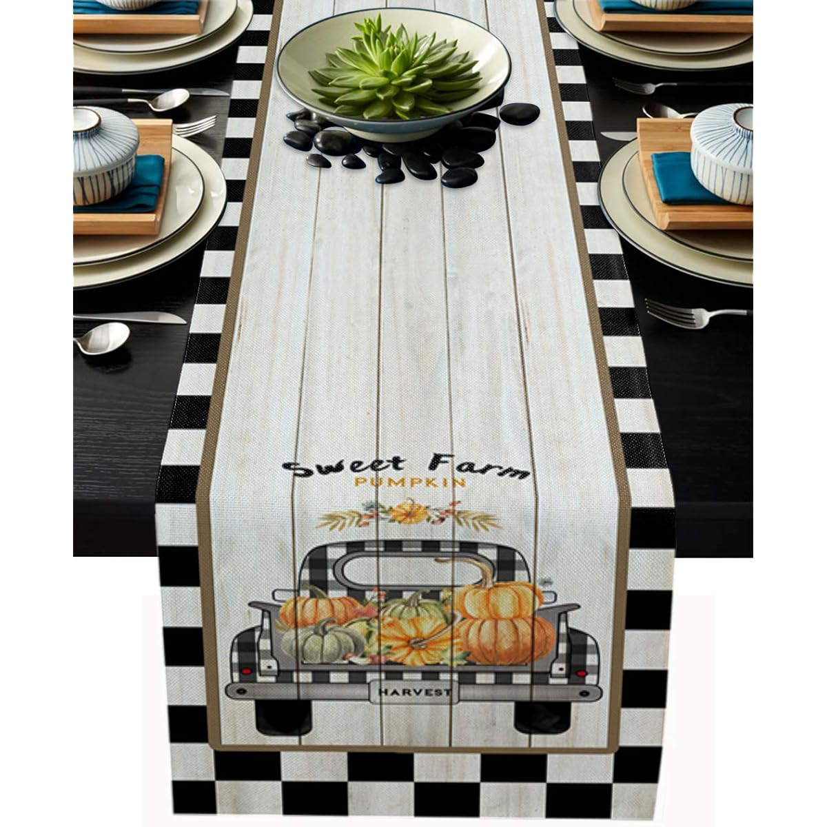 Fall Truck Table Runner Thanksgiving Dinner Scarf Decorative Black Buffalo Plaid Check Cotton Linen 72" Long Holiday Fall Harvest Dresser Scarf Pumpkin Theme Farmhouse Coffee/Dining Table Runner