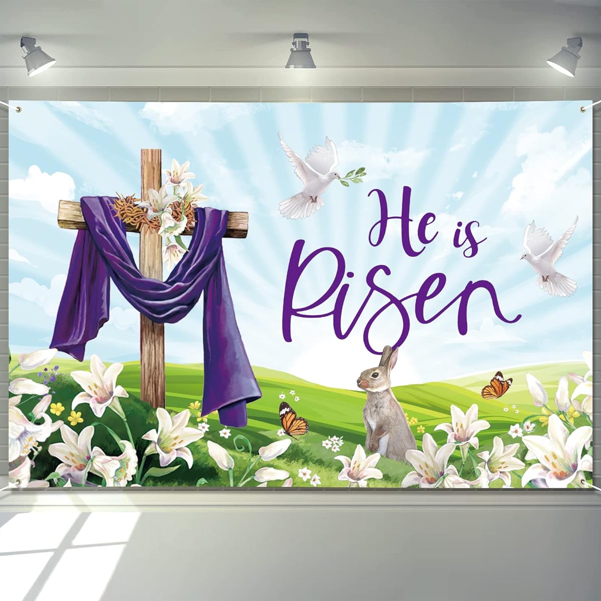 Arosche Easter Decorations He is Risen Banner 72" x 48" Backdrop Cross Lily Religious Christian Photo Spring Summer Seasonal Holiday Backdrop Indoor Outdoor Garden Yard Party Home Decor