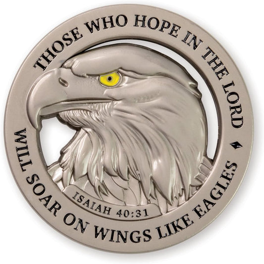American Bald Eagle Challenge Coin Satin Silver Plated Christian Pocket Token for Eagle Scout Isaiah 40:31 Bible Study Supplies for Men Religious Concerns EDC Coin for Police Veterans