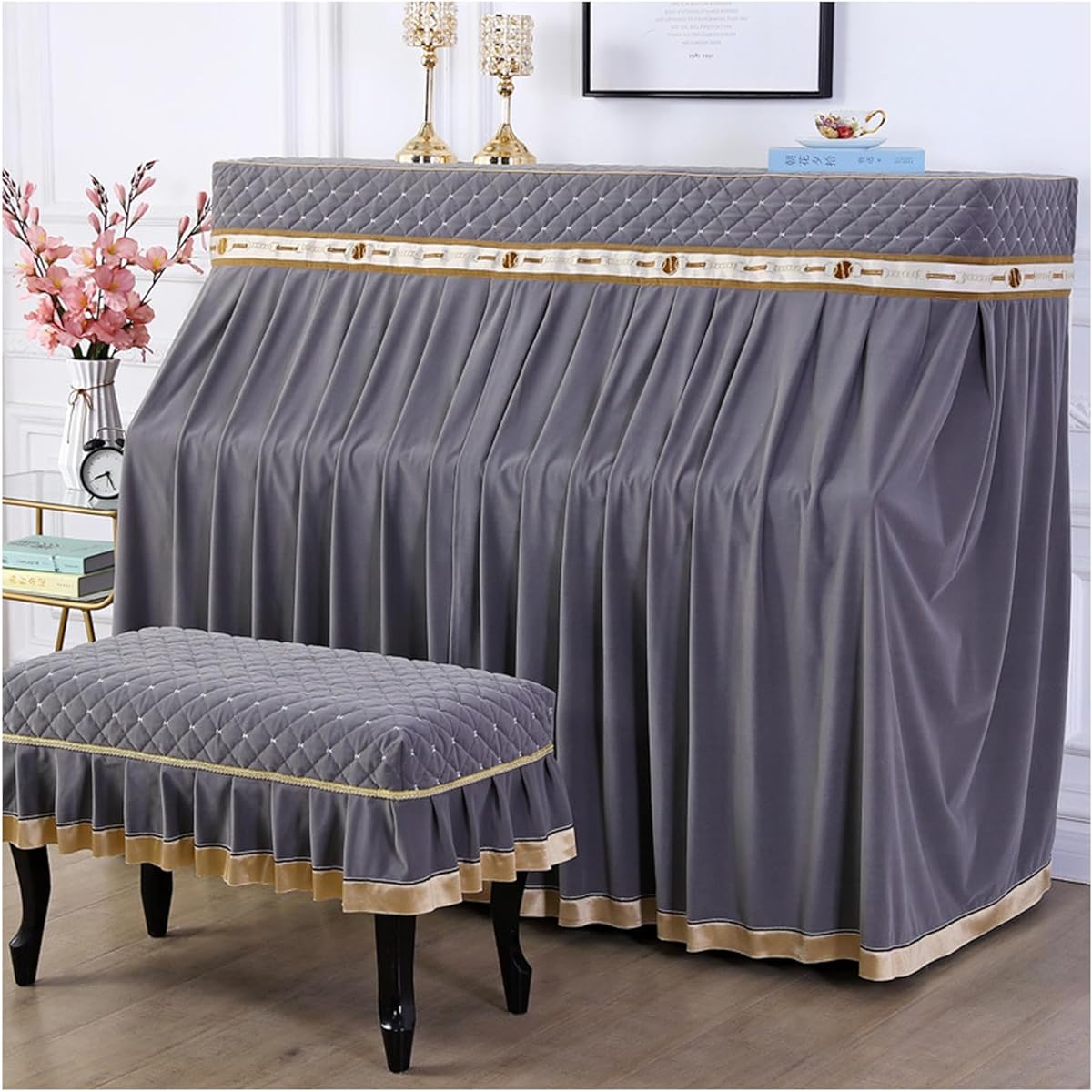Complete piano dust cover, piano stool cover, thick European style piano cover, embroidered craft, soft, breathable, washable, a gift for the family, easy to use (Color: B)