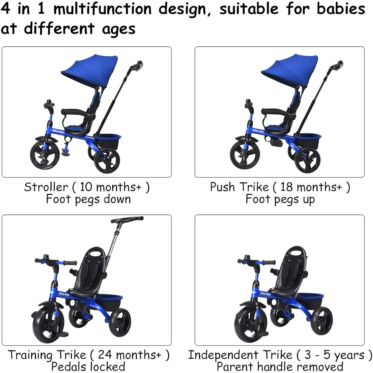 INFANS Kids Tricycle 4 in 1 Walking Tricycle with Adjustable Push Handle, Removable Canopy, Retractable Footplate, Lockable Pedals, Removable Guardrail, Suitable for Ages 10 Months to 5 Years (Blue)
