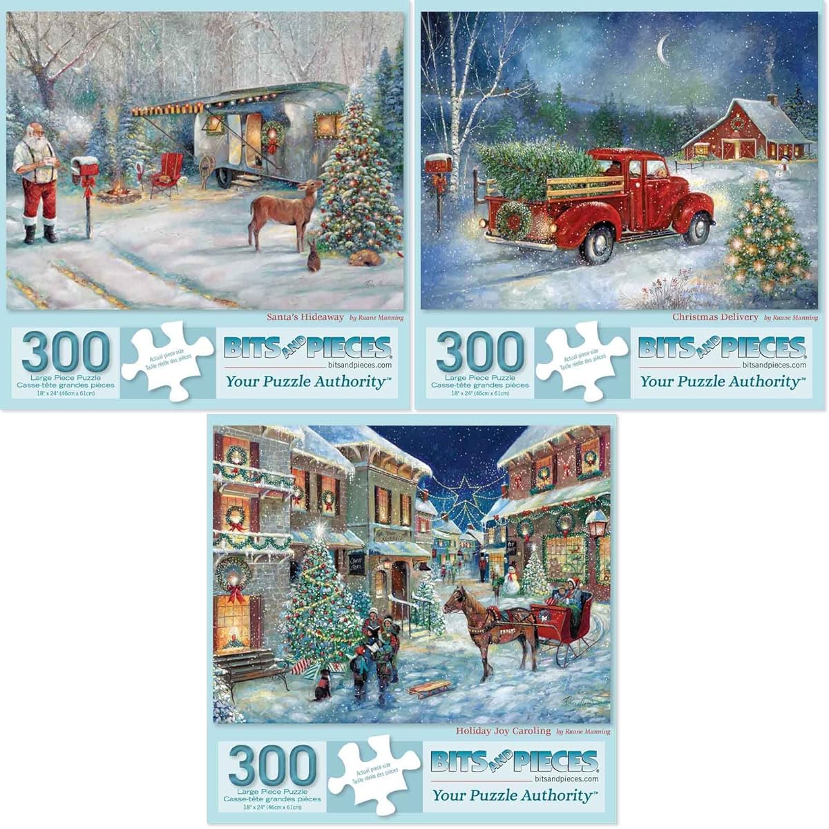 Bits and Pieces - Great Value 300 Piece Jigsaw Puzzle for Adults Set of 3 - Puzzle Size 18" x 24" - 300 Piece Santa Christmas Delivery Holiday Caroling Winter Snow Jigsaw Puzzle by Artist Ruane Manning