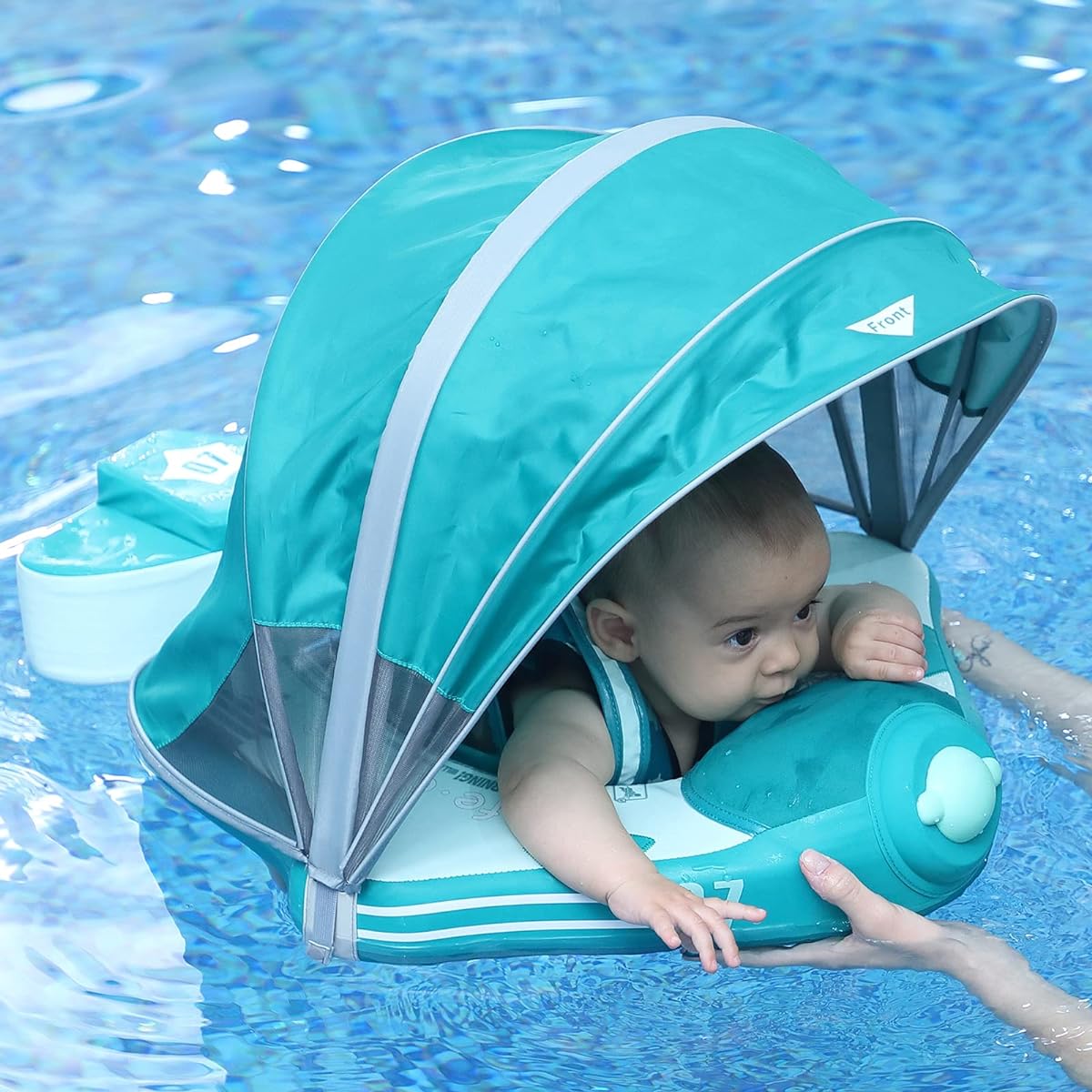 HECCEI Baby Swim Float with Canopy, Non-Inflatable Solid Baby Float, Upgraded Soft Skin-Friendly Fabric Material, Toddler Swim Ring for Boys and Girls, Toddler, Green, 0011