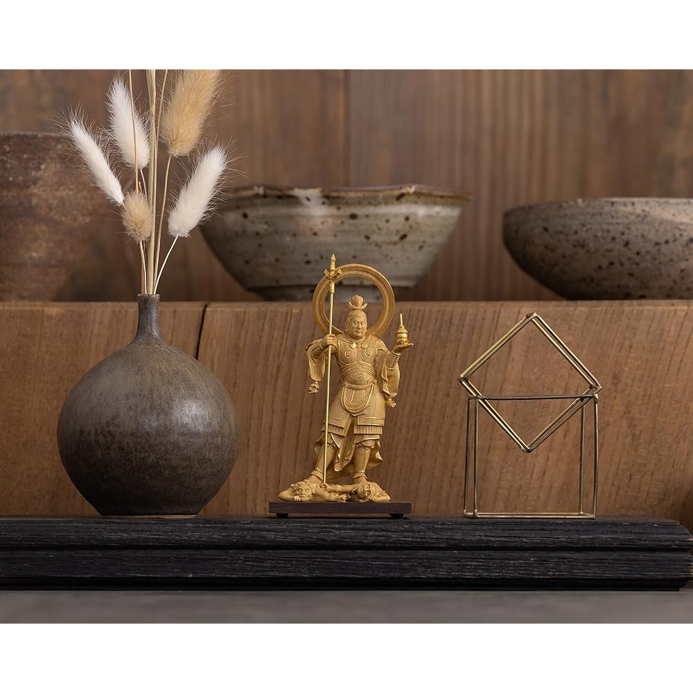 Tiny Buddha Bishamonten - 11.5cm Ganjojuin type (Wooden: Boxwood, gold clay finish)_Tamonten Buddha statue, figure, wood carving, ornament (GSB Bishamonten)