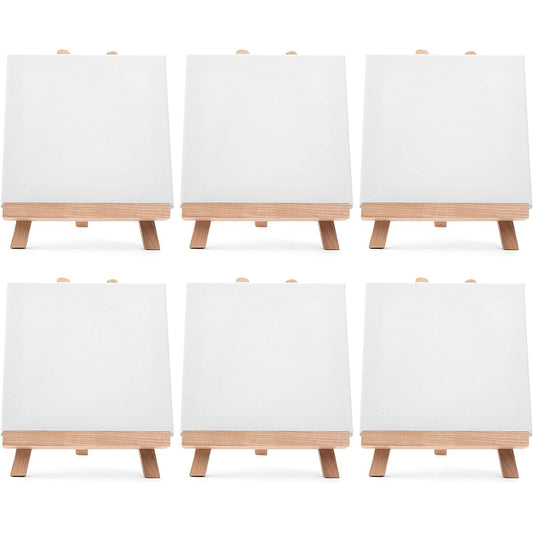 Academy Art Supply Stretched Canvas (20.32cm x 20.32cm) and 27.94cm A-Frame Artist Easel for All Ages Paintings and Kids Crafts, Table Top Display Stand with Tripod (6 Pack)