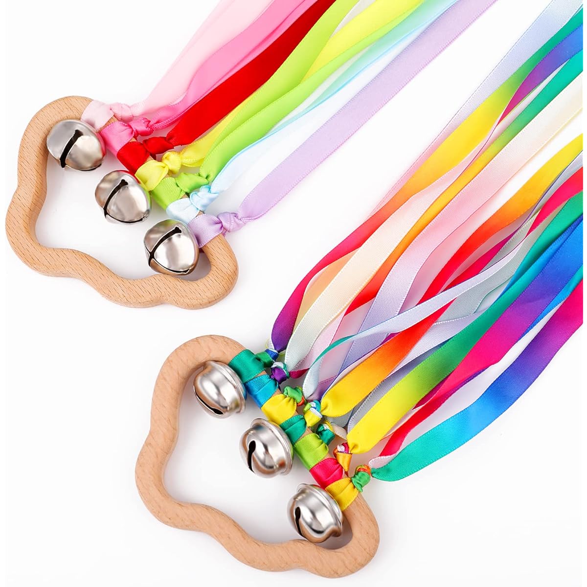 Grevosea Kite for Kids, Hand Kite, Rainbow Hand Ribbon Kite with Bells, Clouds, Rainbow, Wind Wand, Ribbon Wand, Wooden, Sensory Educational Tool, Birthday Party Supplies
