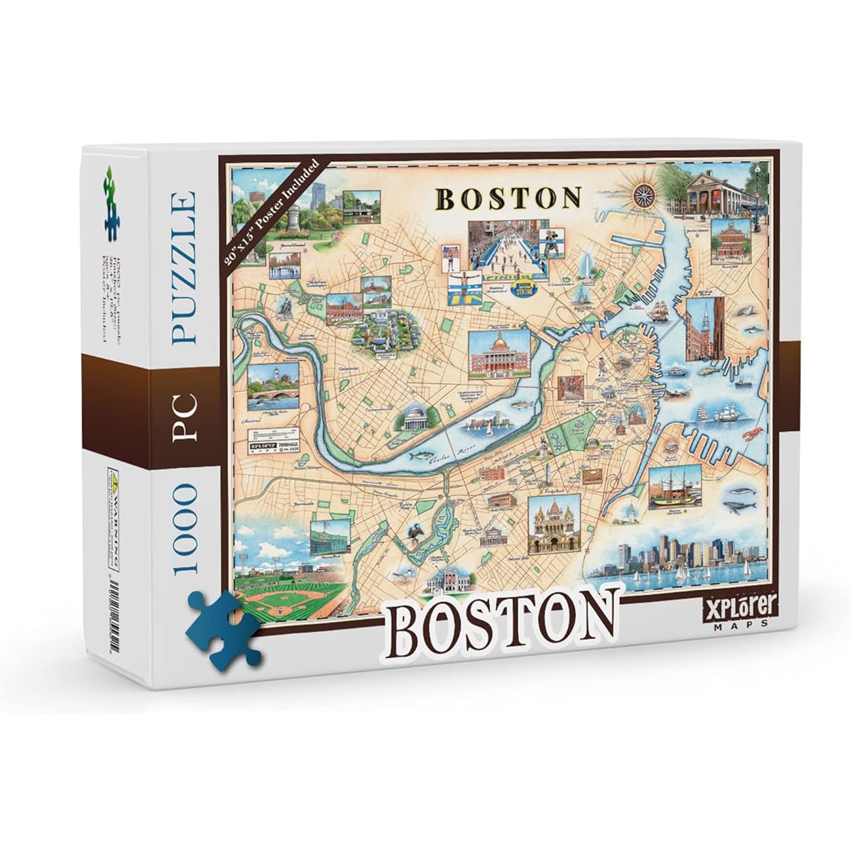 Boston City Map Cardboard Jigsaw Puzzle - 1000 Pieces, Hand-Drawn - Educational, Family Activity, Ages 7+, Includes Poster - 25.4 x 19.8