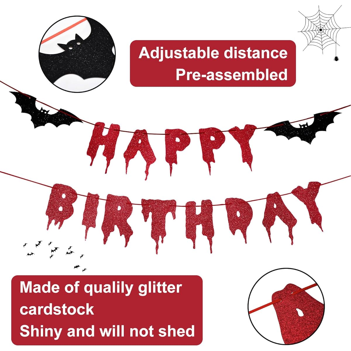 Red Glitter Happy Birthday Halloween Banner - Halloween Hanging Paper Garland Bunting Banner Bloody Bats Vampire Decorations, Photo Backdrop Wall Home Mantle Office Wall Scary Party Supplies