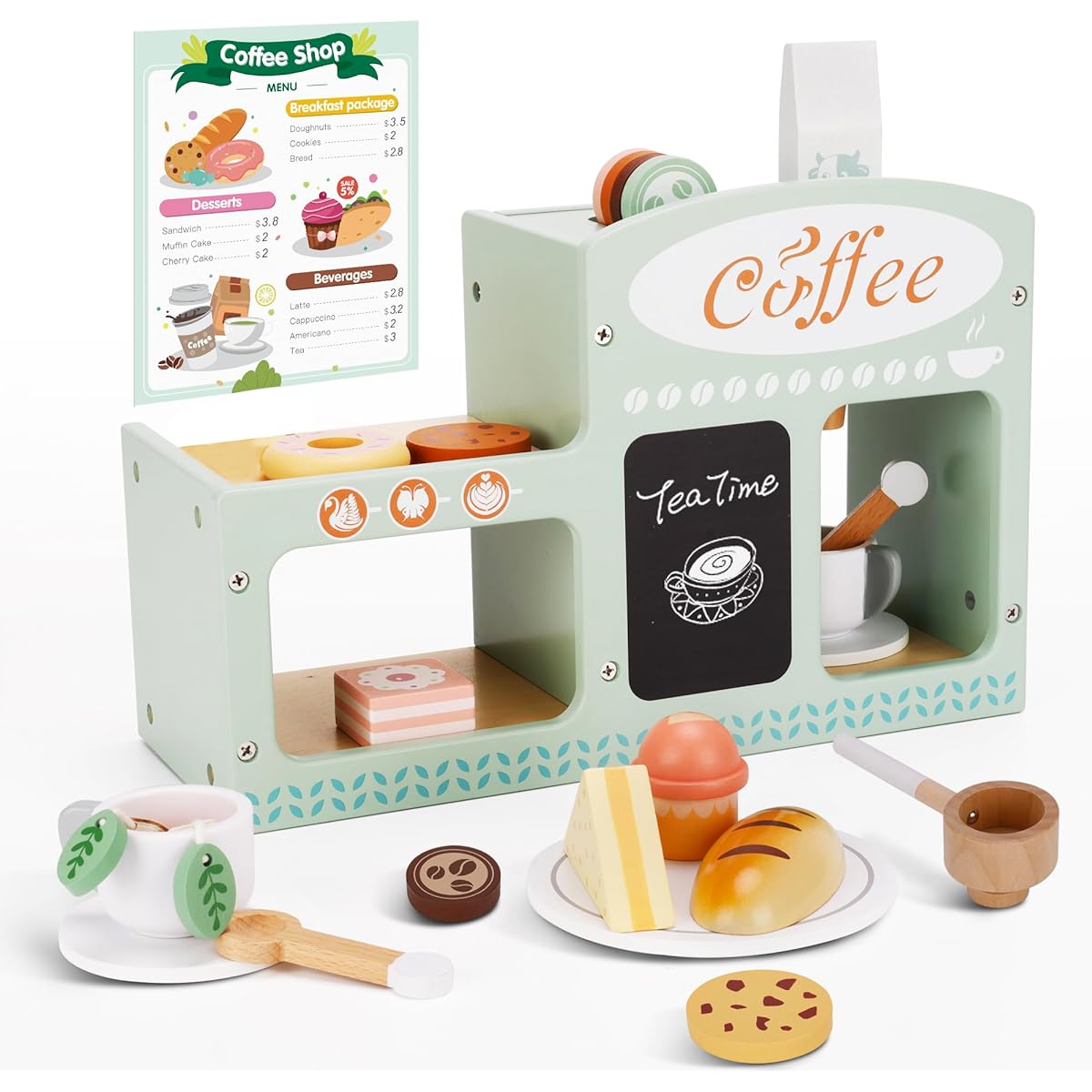 bpmfkid 2-in-1 Wooden Coffee Sales Desk Playset Coffee Maker Set with 24 Pans, Desserts, Coffee Maker Store, Stand, Toddler Play, Wooden Food Toy Accessories, Kitchen Food Set for Toddlers Ages 3+