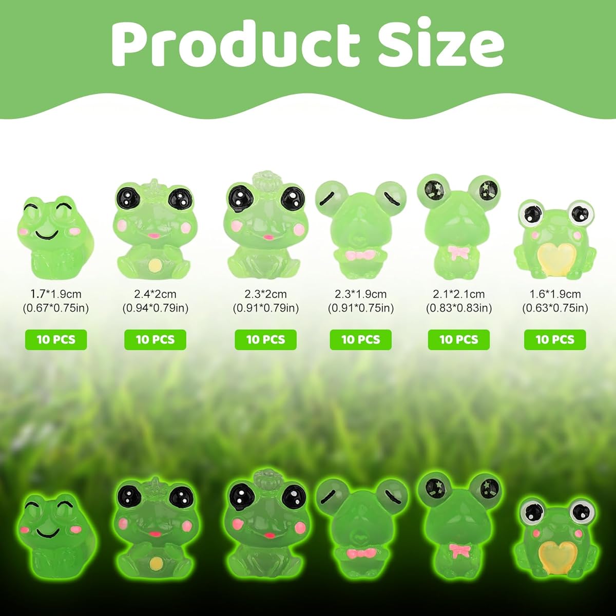 libfrnt 60pcs Luminous Mini Frog Figure Resin Small Frog Glow in the Dark Cute Green Frog Miniature Ornament Charm Dollhouse Garden Landscape Aquarium Room DIY Craft Accessories (6 Styles)