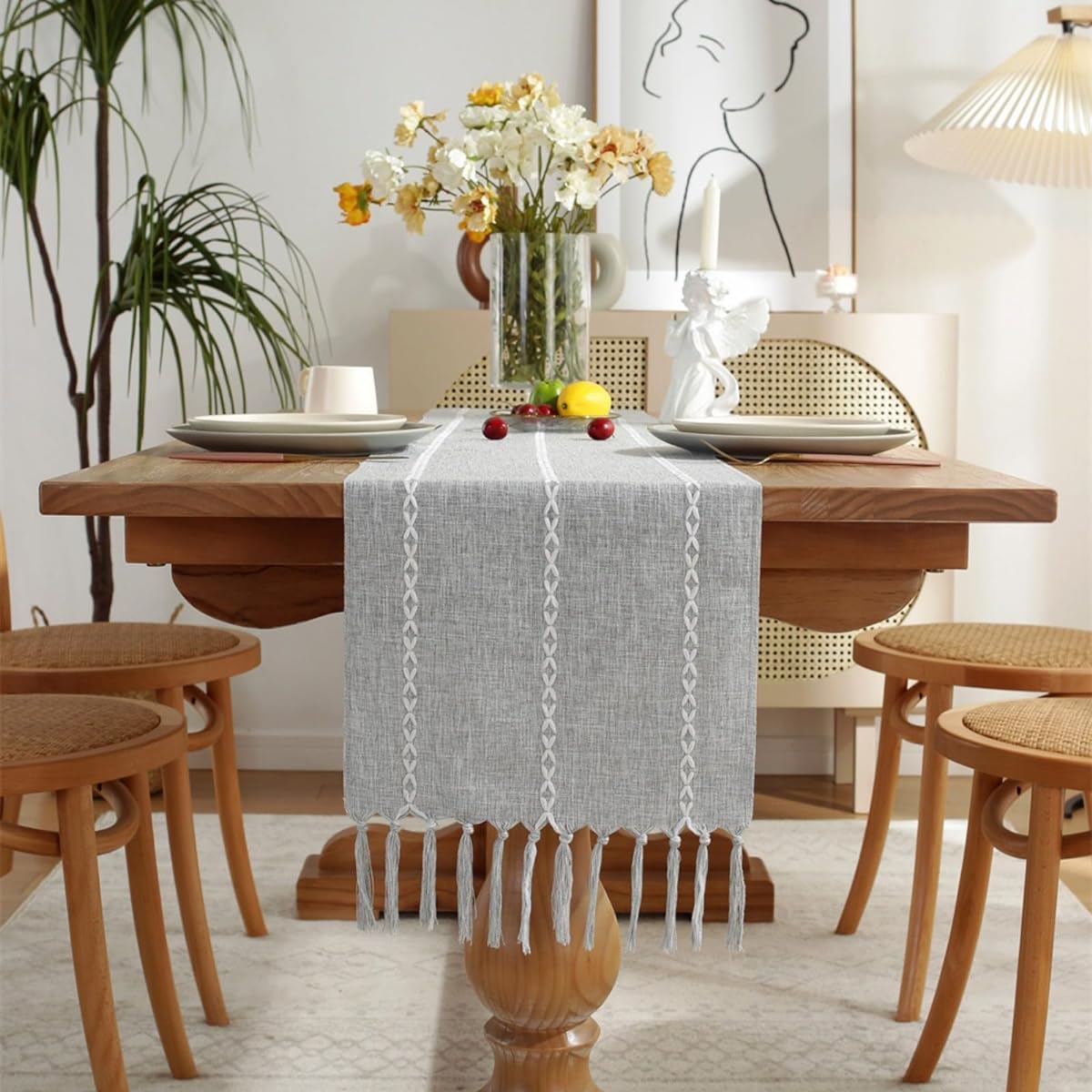 Linen Rustic Boho Style Table Runner with Handmade Tassels High Quality Farmhouse Table Runner 72" Long for Dining Table Decorations Holiday Parties Weddings 13" x 72" Light Grey