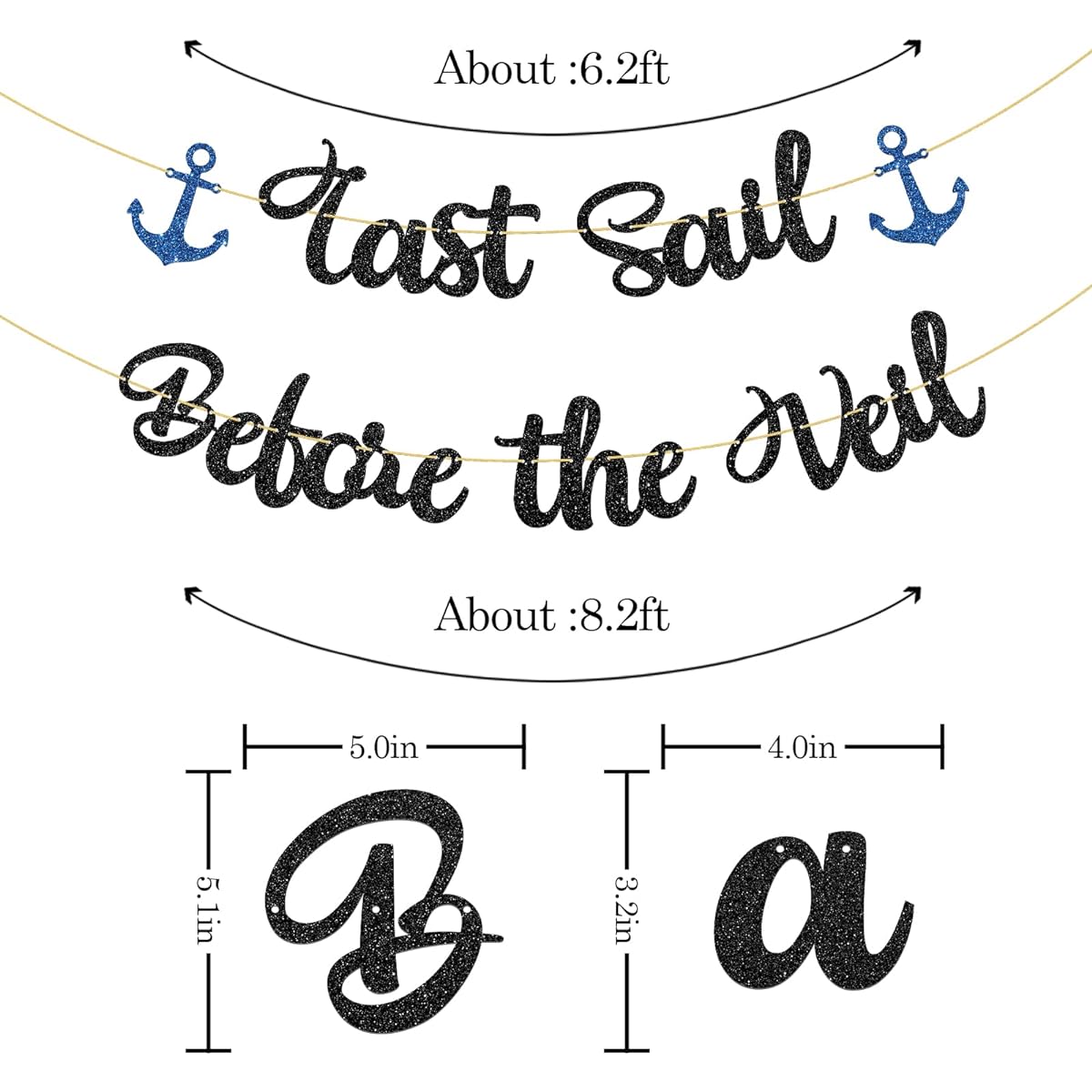 WeBenison Last Sail Before the Veil Banner, Bridal Shower Party Supplies, Anchor Sign, Nautical Sailor Theme Bachelorette Party Decorations - Black Glitter