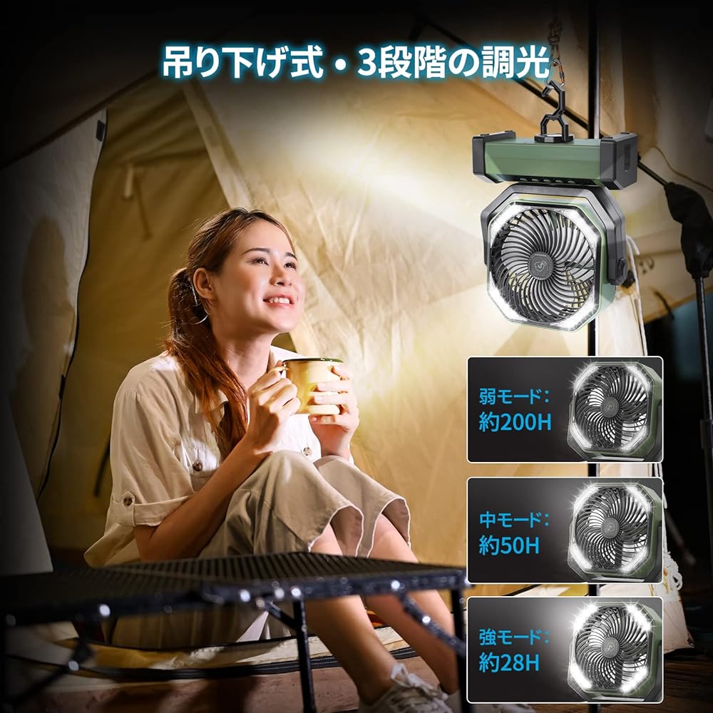 Camping Fan, Outdoor Fan, 20,000 mAh, Large Capacity, Up to 100 Hours of Continuous Use, Super Strong Wind, Silent, 4 Levels of Air Flow Adjustment, 16 High Brightness LED Lights, Traveling in the
