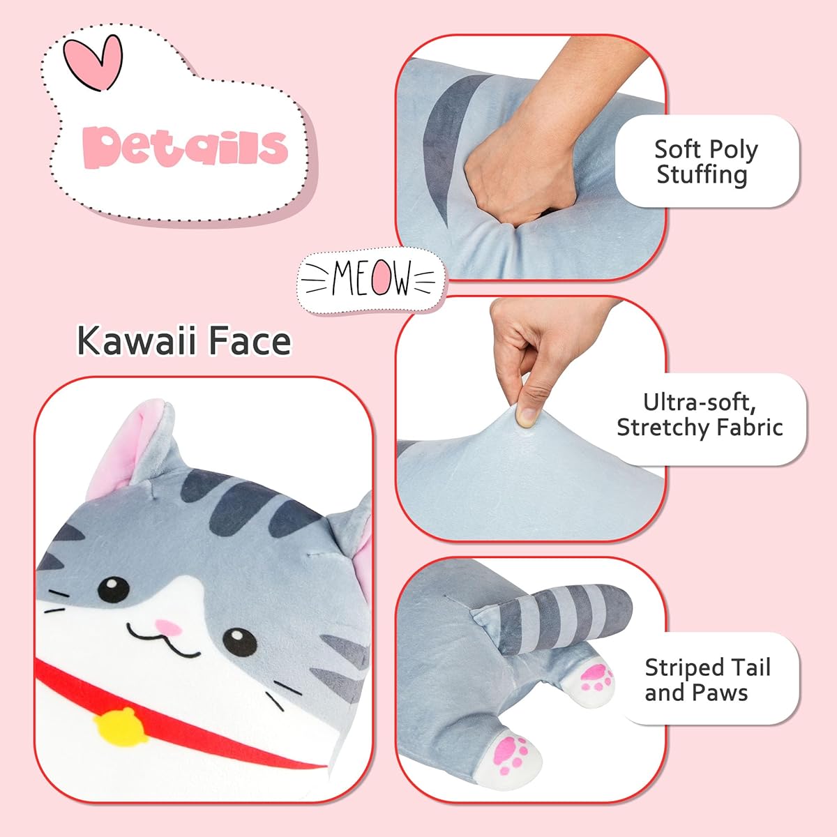 BenBen Long Cat Plush Pillow Cat Stuffed Animal 35.5inch/90cm Large Cuddly Kitten Plush Toy Gift for Kids and Adults