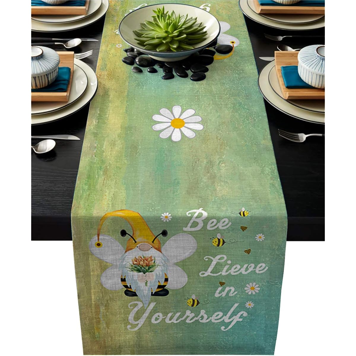 T&H XHome Durable Fabric Table Runner Bee Lieve in Yourself Sunflower Dwarf Daisy Green Washable Linen Table Runner for Home/Kitchen/Dining Table/Indoor/Outdoor 16x72in=41x183cm