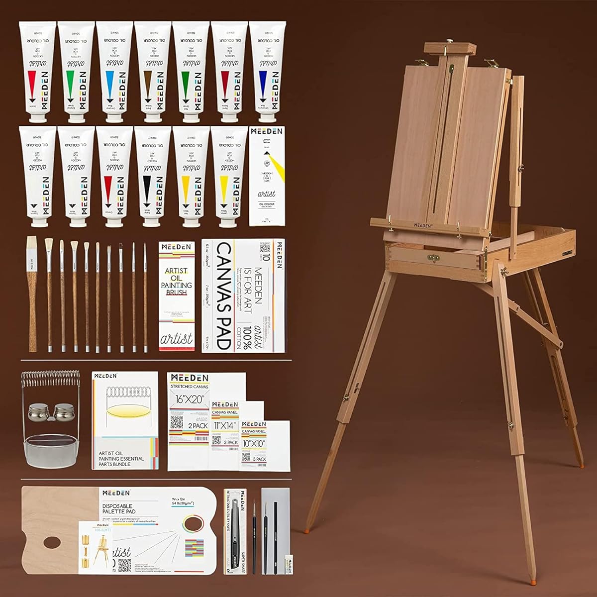 MEEDEN Oil Painting Set with French Easel, Oil Painting Set 13x50ml/1.6oz Oil Paint Brushes, Canvas & Oil Painting Supplies for Adults & Artists