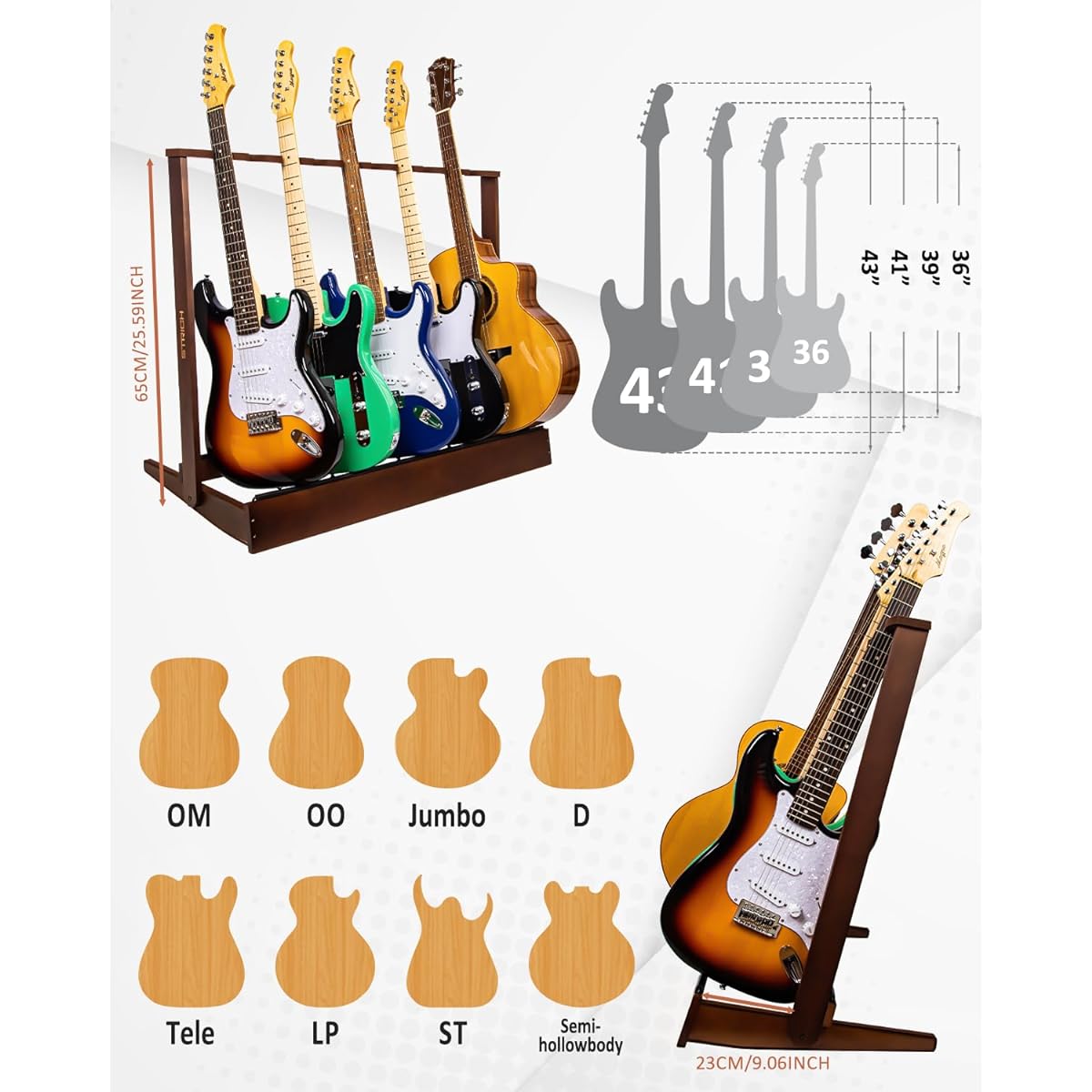 STRICH Multi-Guitar Rack Stand Hardwood Folding Display Holds up to 9 Electric Guitar Bass or 5 Acoustic Guitars for On-the-go Gig Home Studio SMT-20 (9 Holders)