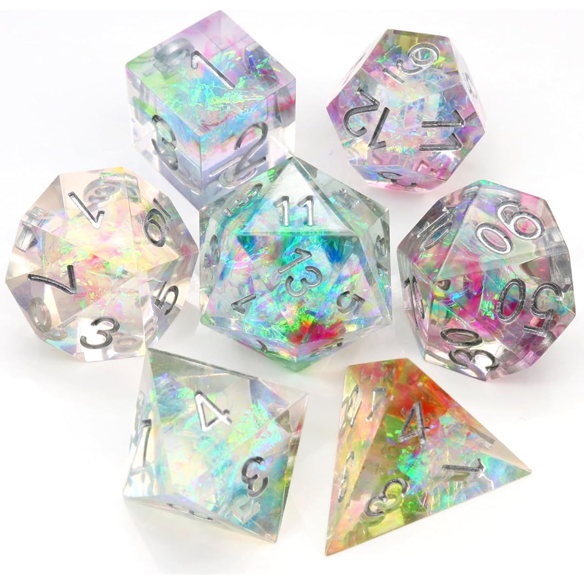 Haxtec Sharp Edge Dice Set DND Dice with Iridescent Mylar Inclusions Cosmos Resin Dice Galaxy D&D Dice RPG Role Playing Dungeons & Dragons Gift