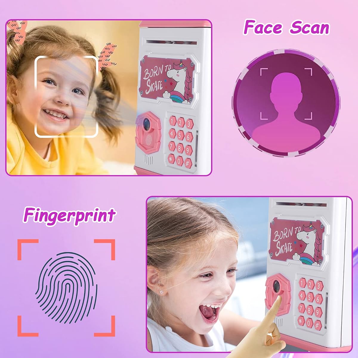 CWLAKON Piggy Bank for Girls Kids Electronic Money Bank Fingerprint Face Scan Password Code Lock Cash Coin ATM Bank Toy Gift for 4 5 6 7 8 9 10 Year Old Girls