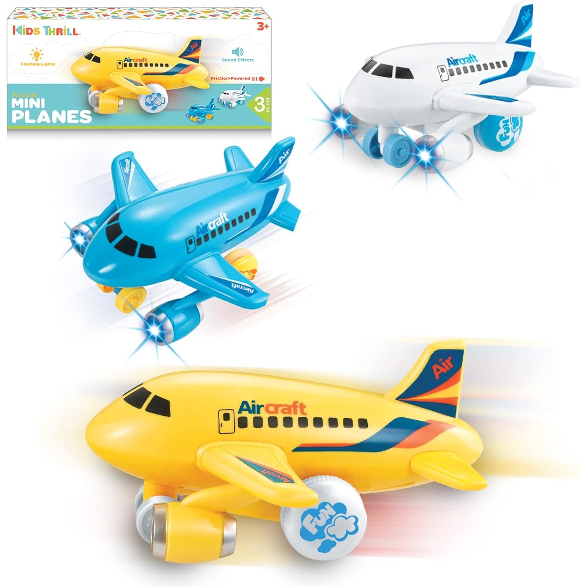 KIDSTHRILL Kids Toy Planes with Flashing Lights, Music & Plane Sounds, Push and Go Toy Planes for Toddlers, Boys and Girls, Ages 2-12, Set of 3
