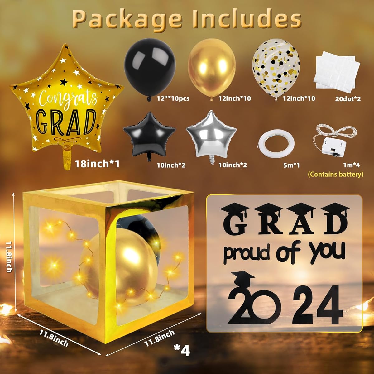 2023 Graduation Decoration Balloon Box Kit with 4 LED Light Strings & 35 Decorative Balloons & ``GRAD'' Lettering Perfect for Graduation Party Decorations (LED - Gold)