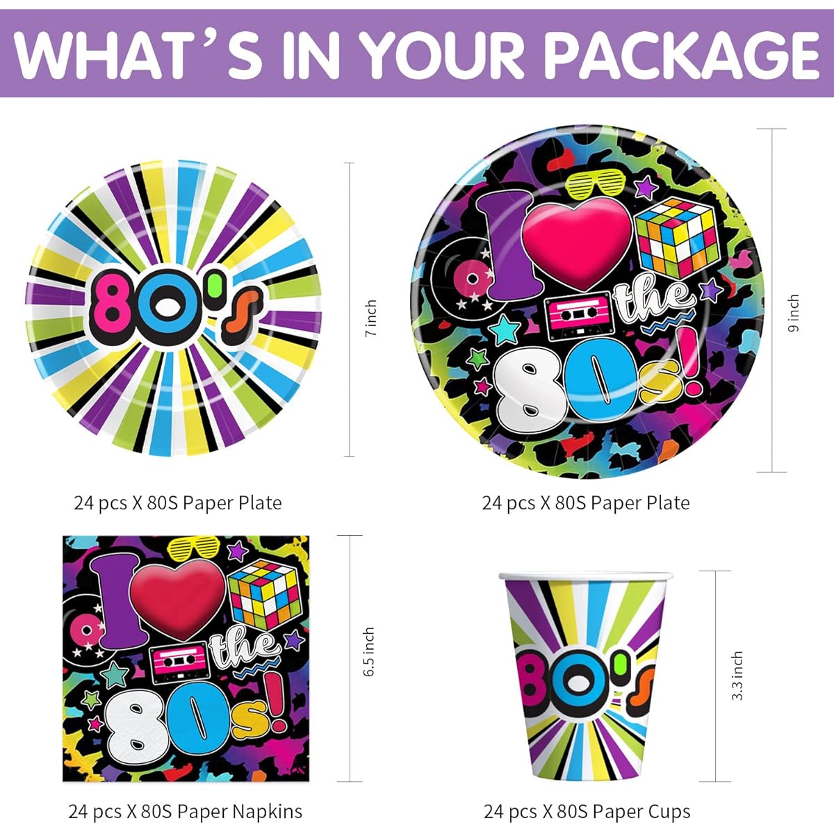 HIPVVILD 80's Party Decorations - 80's Theme Party Supplies Plates Cups Napkins Balloon Arch Backdrop Tablecloth Cutlery Straws 80's Birthday Party Decorations Tableware and Supplies Serves 24