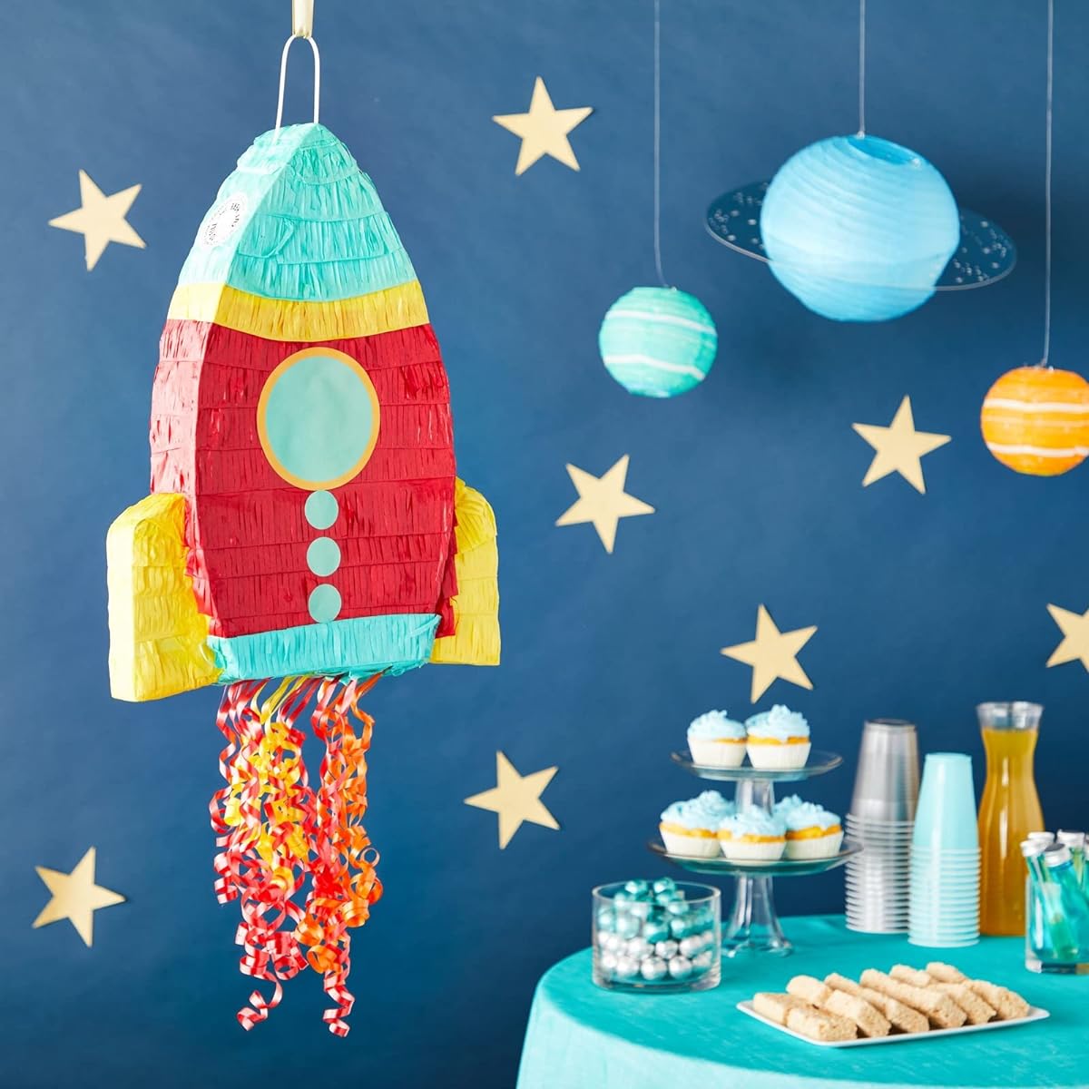 BLUE PANDA - Pull String Rocket Ship Pinata - Space Party Decorations for Astronaut Themed Birthday (Small, 16.5 x 12.5 x 3 Inches)