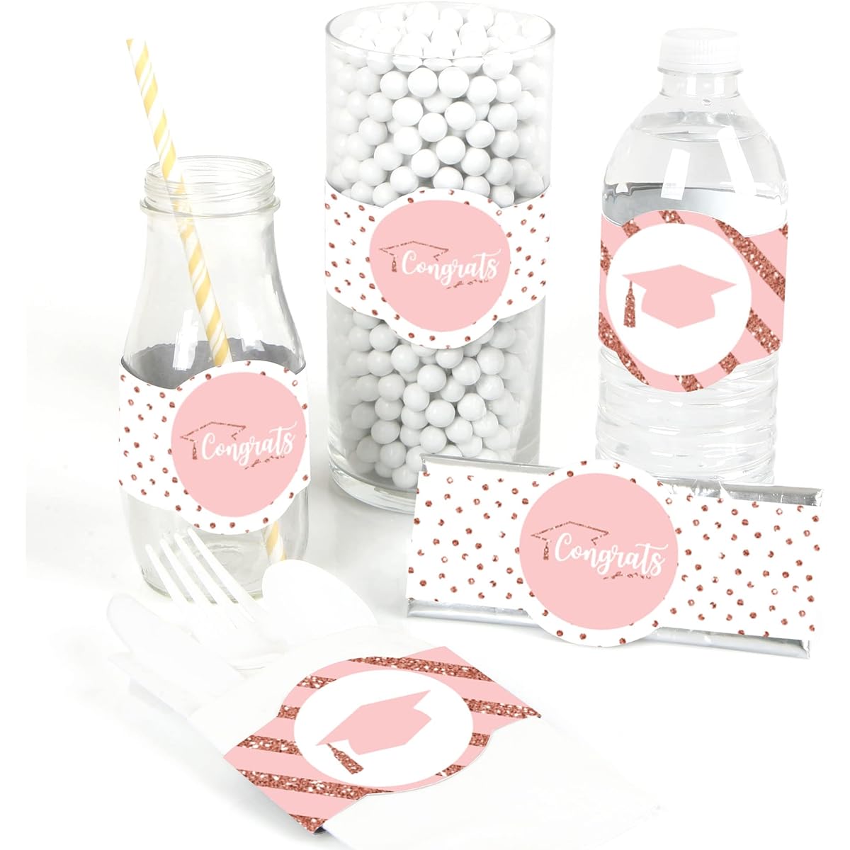 Big Dot of Happiness Rose Gold Graduation - DIY Party Supplies - 2020 Graduation Party DIY Wrapper Favors and Decorations - Set of 15