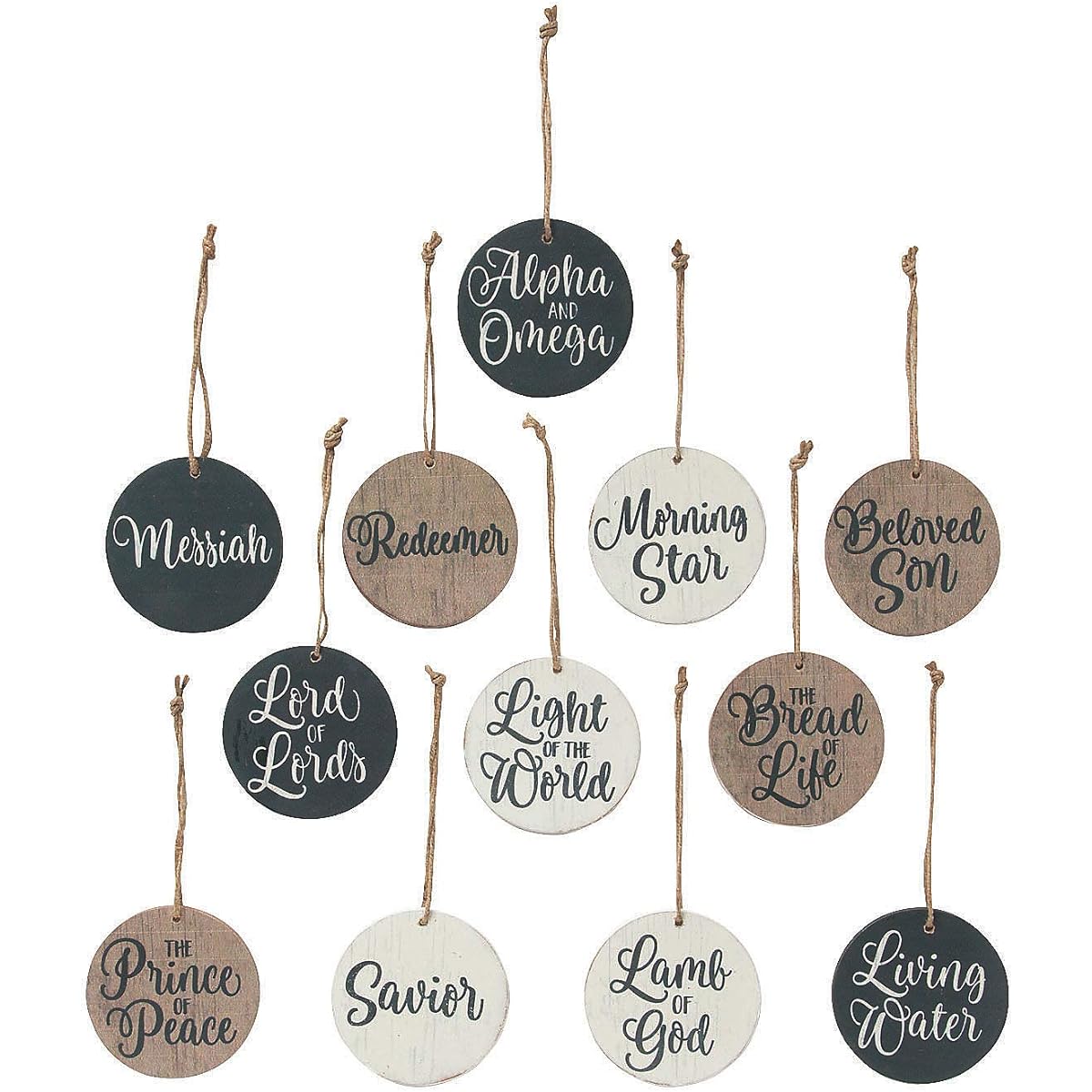 Jesus Name Wooden Christmas Ornaments - Set of 12 - Rustic Holiday Home Decor