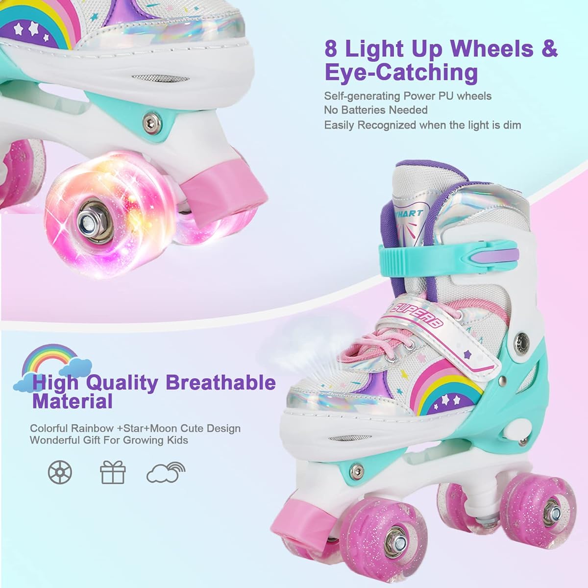 Roller Skates for Girls Kids Toddler Beginner Adjustable 4 Sizes Kids Roller Skates for Adults and Youth with Light Up Wheels Patty Impala Ninia for Outdoor Indoor Sports