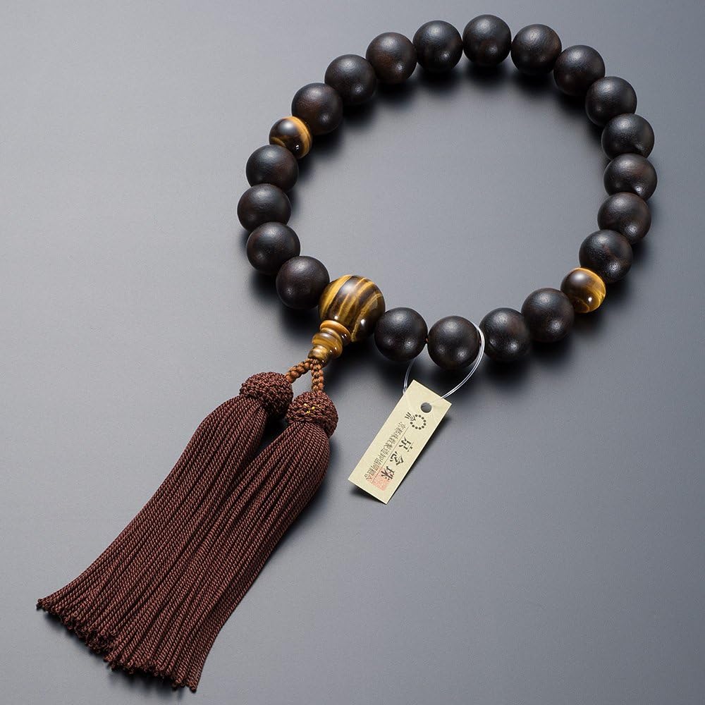 [Buddhist Altar Shop Takita Shoten] Kyoto Prayer Beads for Men, Striped Ebony (Matte), Tiger Eye Stone Tailoring, 20 Beads, Pure Silk Head Tassel, Bead Bag Included, Can Be Used by All Sects, Certificate Included