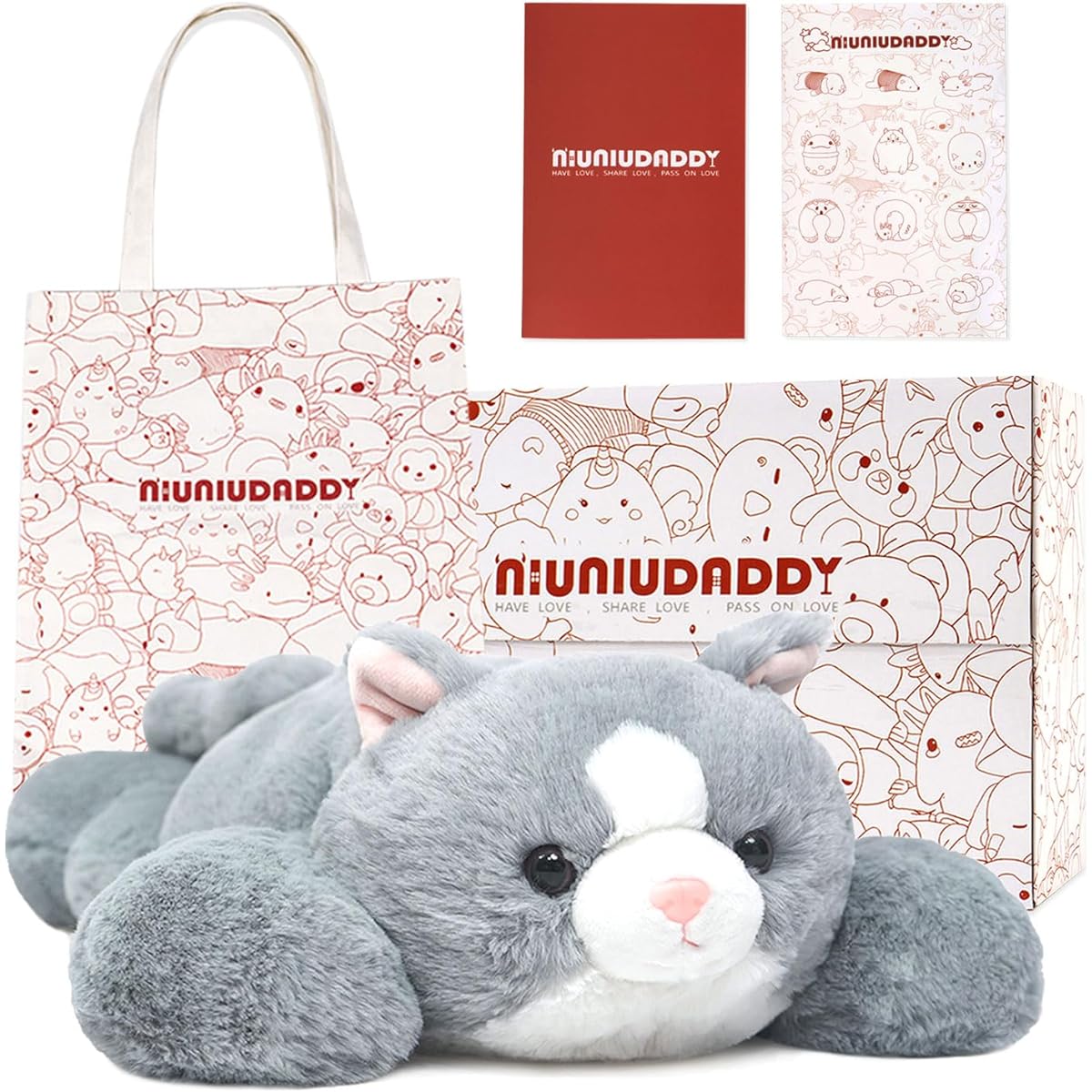 Niuniu Daddy Plush Toy 3.3lbs Cat Stuffed Animal for Adults Kids 20ft Large Grey Plush Toy Cushion Christmas Birthday Gift Bag Sticker Card