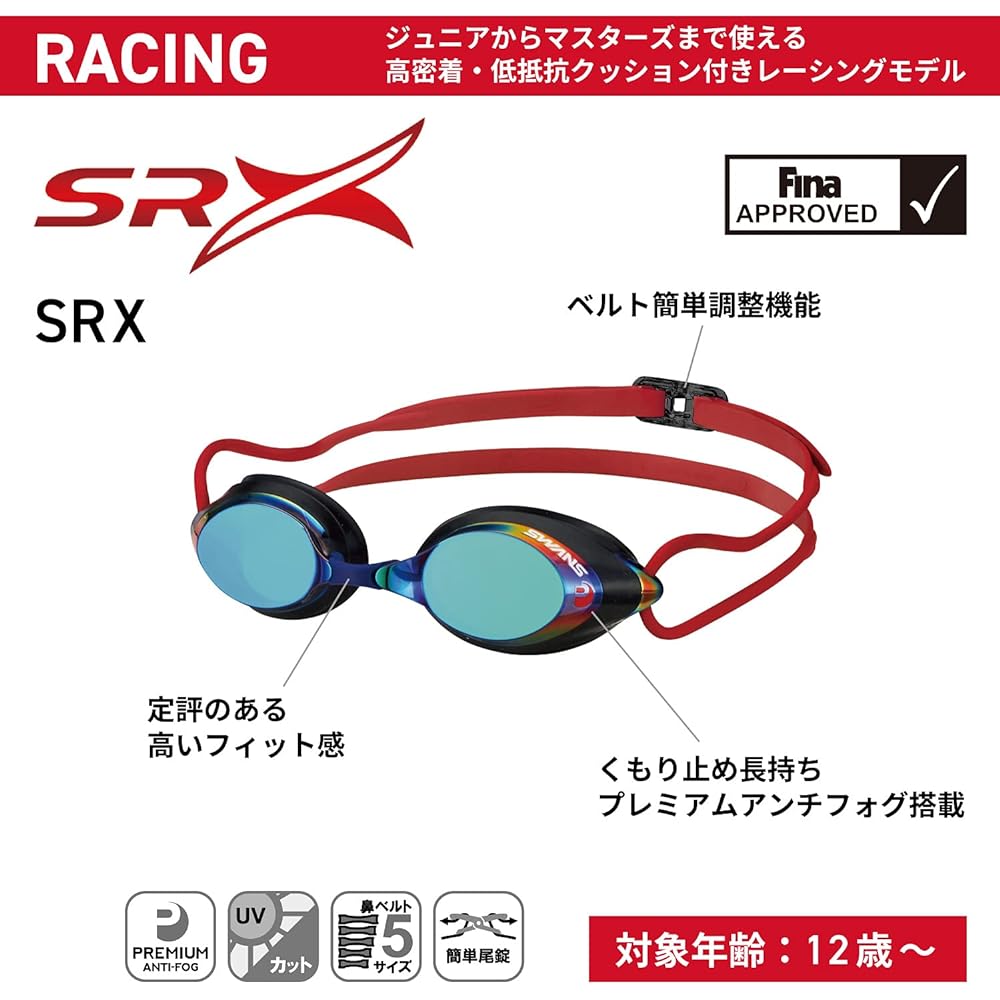 SWANS Made in Japan Prescription Swimming Goggles Racing with Cushion Adult Lens x 2 SPXCL-NPAF/MPAF Frequency S-2.00~S-7.00 + Parts PS-SR2