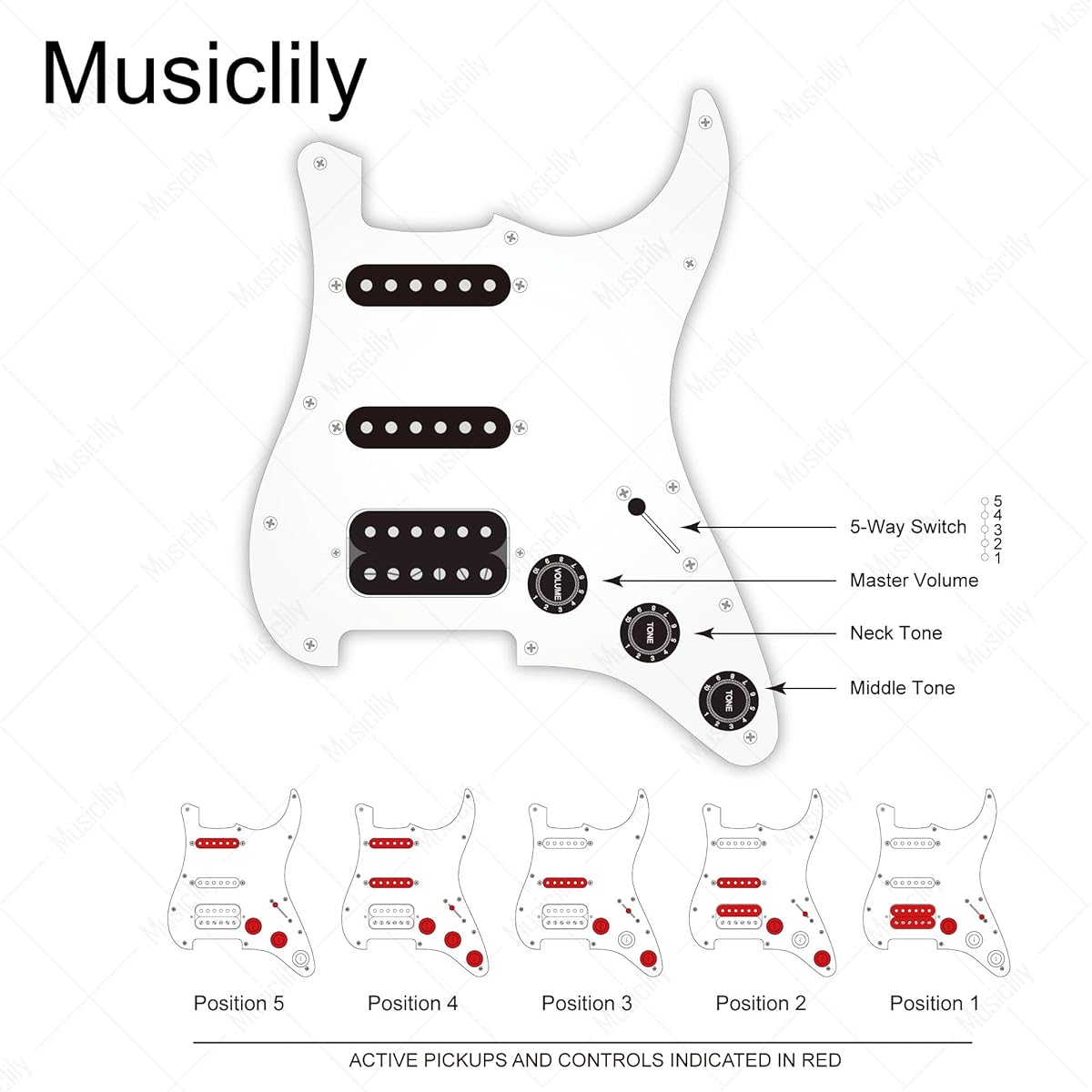 Musiclily Pro SSH Strat Prewired Pickguard with Artec Alnico 5 Pickup for ST Stratocaster Electric Guitar, Black 3P