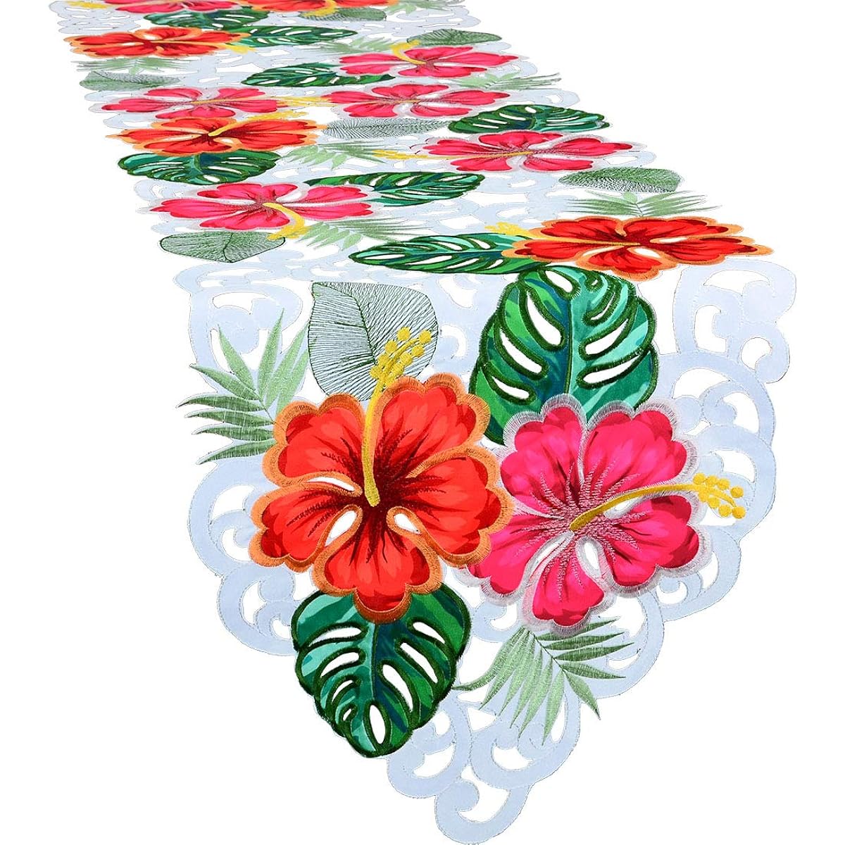 Simhomsen Table Runner Tropical Palm Leaves and Hibiscus Flowers Embroidery for Hawaiian Luau Party Paradise Jungle Beach Theme Party Baby Shower Decorations (14 x 68 Inch)