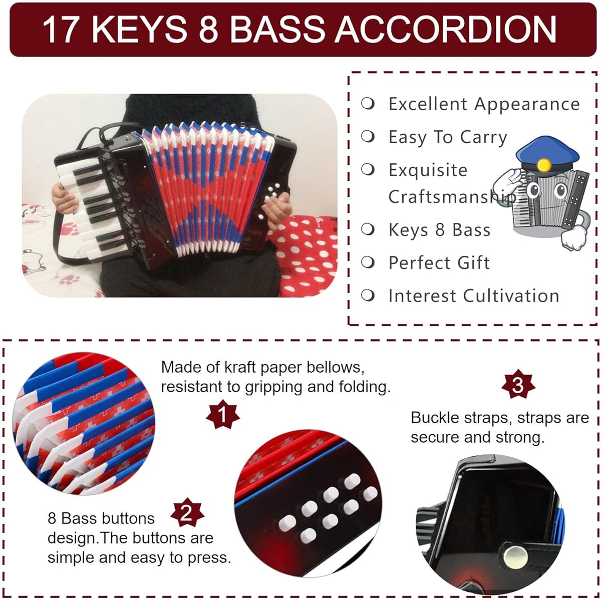 Accordion 17 Keys 8 Bass Accordion Musical Instrument for Adults Mini Accordion Adjustable Strap and Soft Sound Portable Educational Instrument for Music Beginners and Music Enthusiasts
