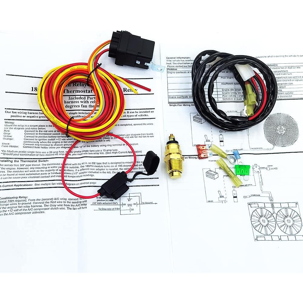 Electric Cooling Fan Wire Harness Kit 185 Degree On 165 Thermostat Switch 40/50 Amp Relay