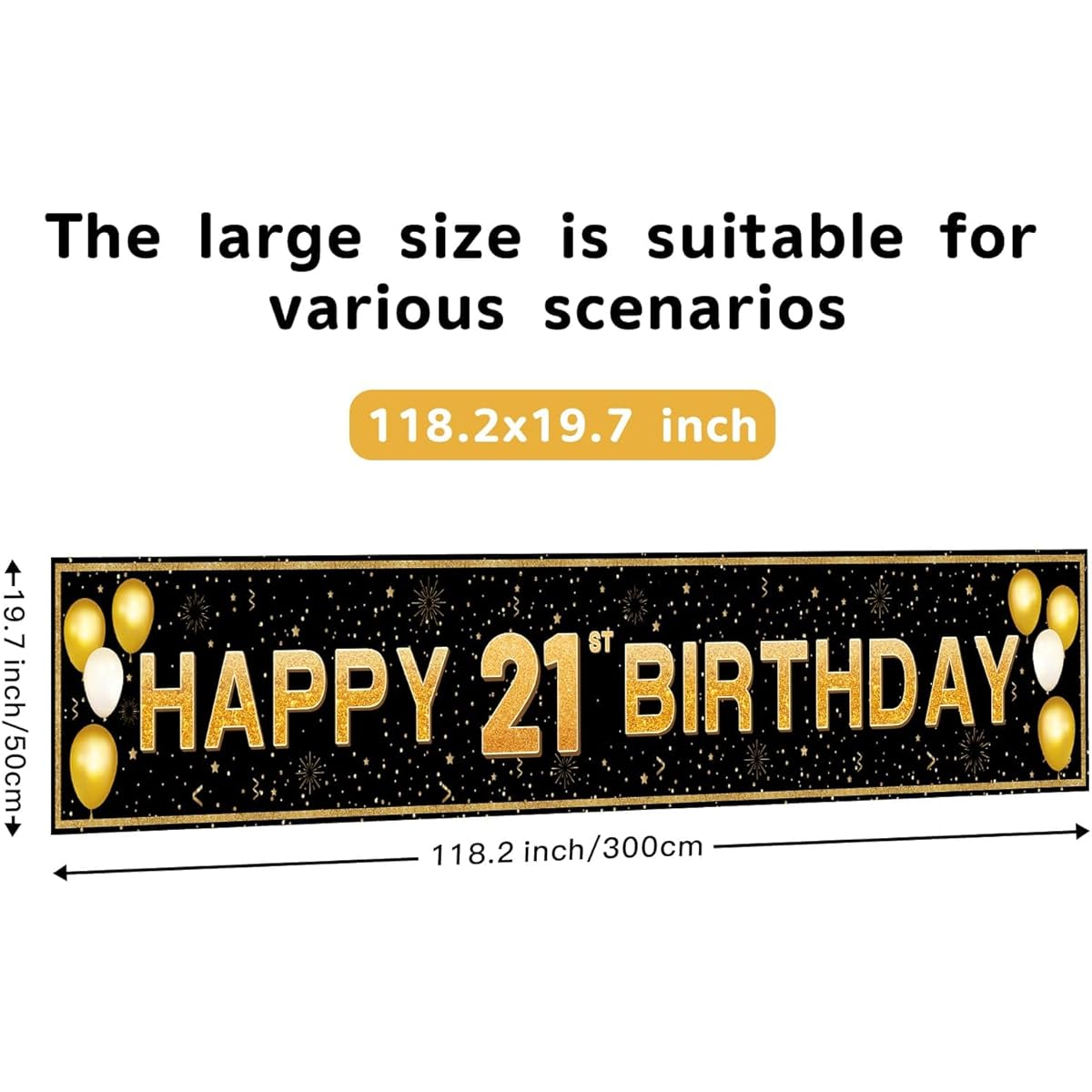 ANATANOWOR 21st Birthday Decorations for Boys and Girls, Black and Gold Happy 21st Birthday Decorations Banner, 21st Birthday Party Supplies(298"x20")