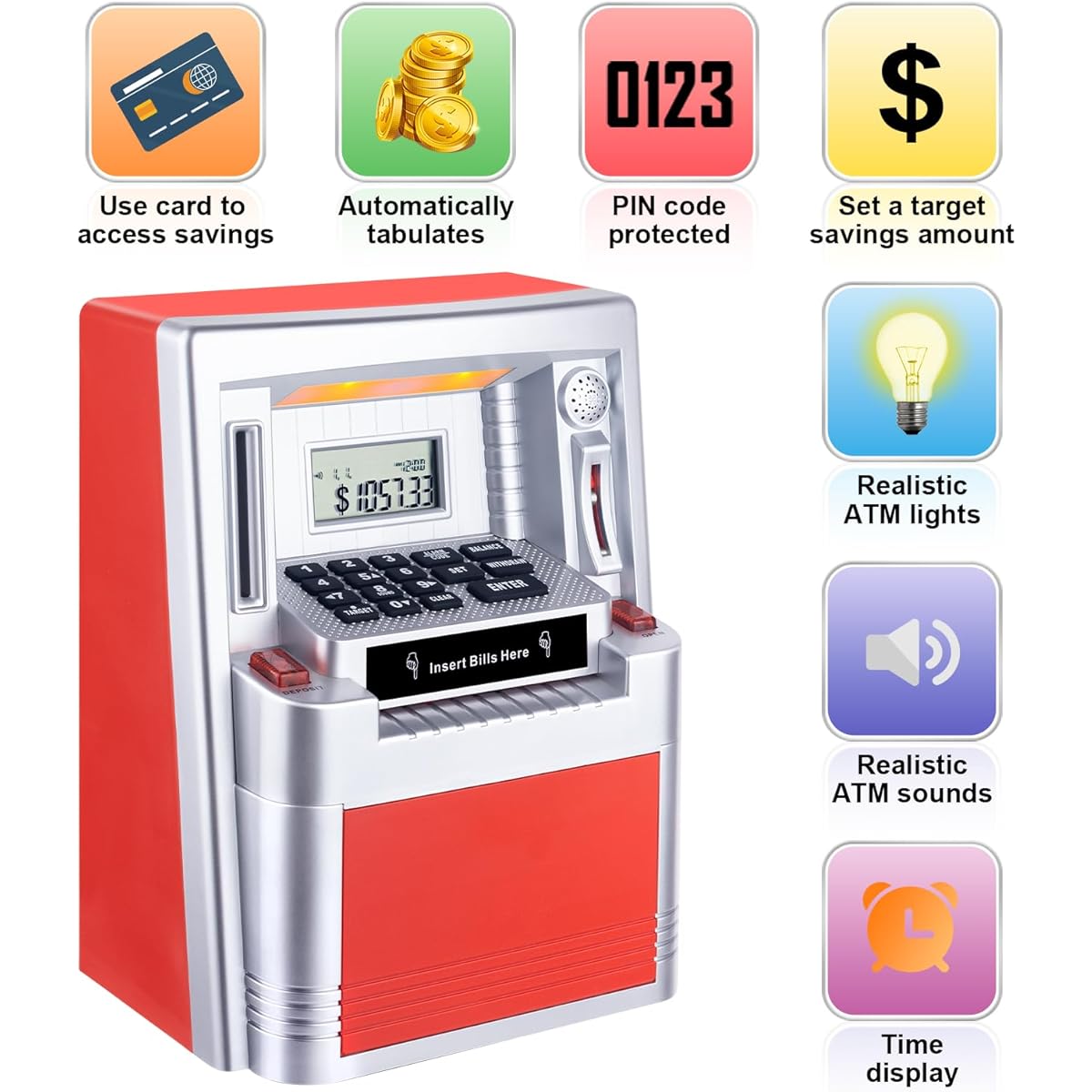Qiekaka ATM Piggy Bank Real Money for Adults Kids Safe Bank Mini ATM Machine Electronic Piggy Bank Girls Boys Gift Ideas (Silver Red)