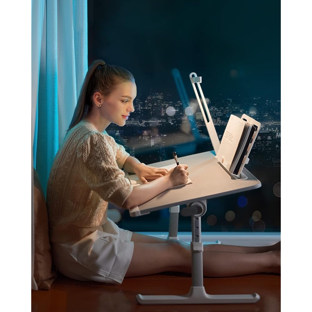 SAIJI Folding Table, LED Light, Retractable 3 Levels Brightness Adjustment, Mini Table, "Stability Enhancement" Desk, Low Table, Bed Table, Laptop Table, Chabu Table, Large Capacity, Top Plate, Angle